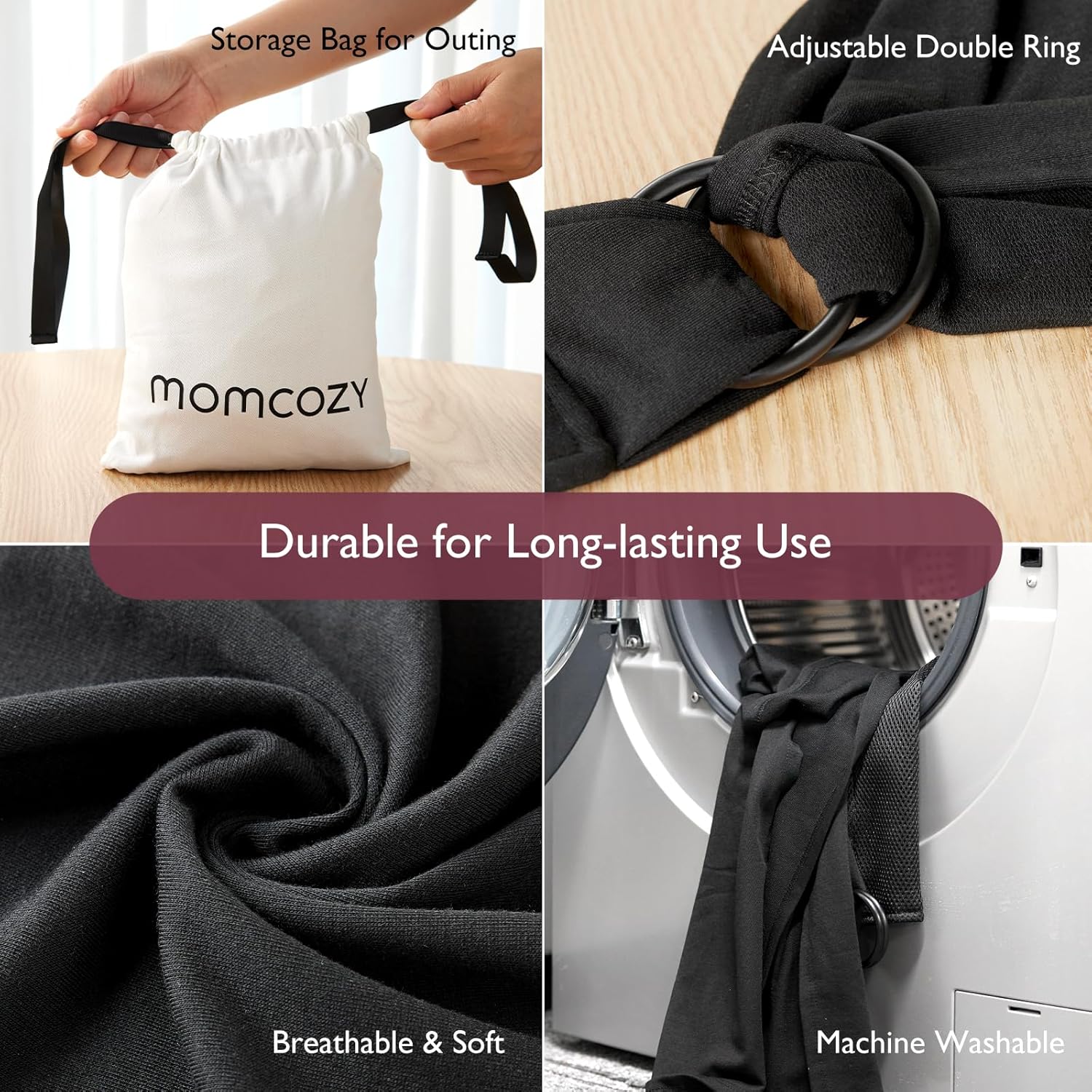 Detalle de Momcozy Baby Wrap Carrier: Adjustable 3.6–15kg Sling for Newborn to Toddler (Black)