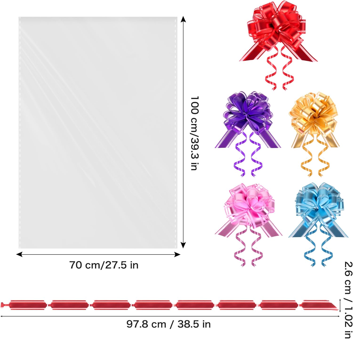 Thumbnail 3 de 5 Extra Large Cellophane Wrap for Hampers (100cm × 70cm) with 5 Pull Bows – Clear Gift Bags for Hampers
