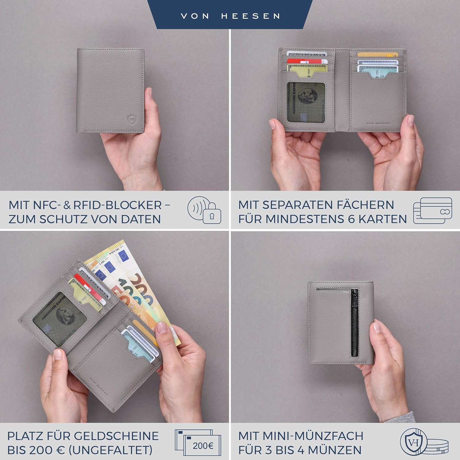 Detalle 2 de VON HEESEN Herren-Leder-Geldbörse mit Münzfach und RFID-Schutz (Grau)