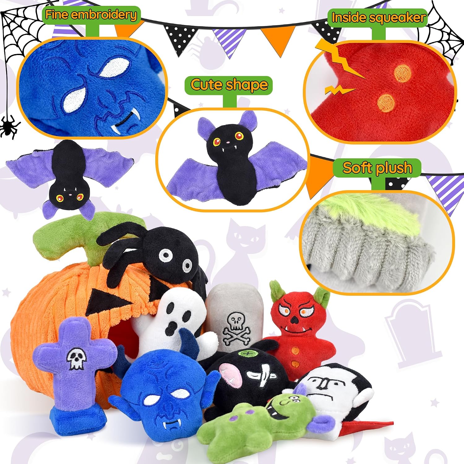 Thumbnail 3 de LECHONG Halloween Dog Toys Set, 11 Squeaky Toys with Pumpkin Organizer