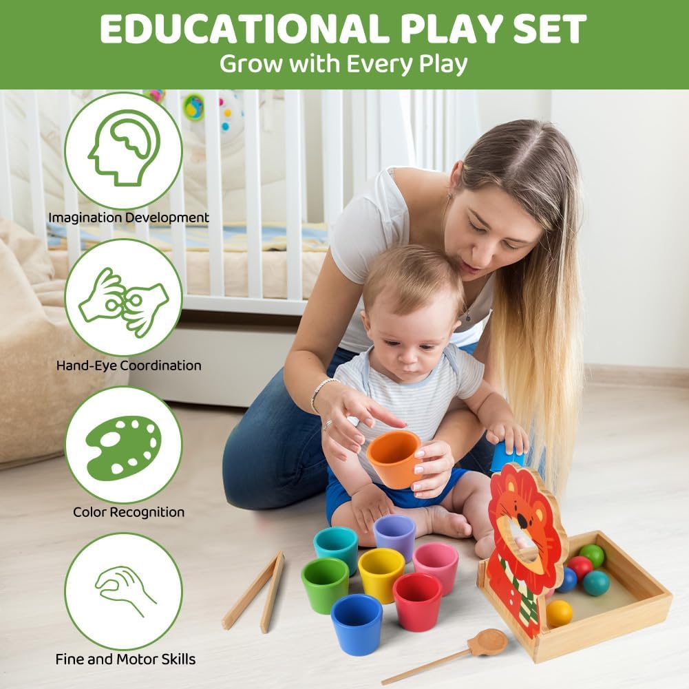Detalle 2 de Vicloon Palline in Bicchierini Montessori 3+ Anni – Set in legno per imparare colori, forme e conteggio