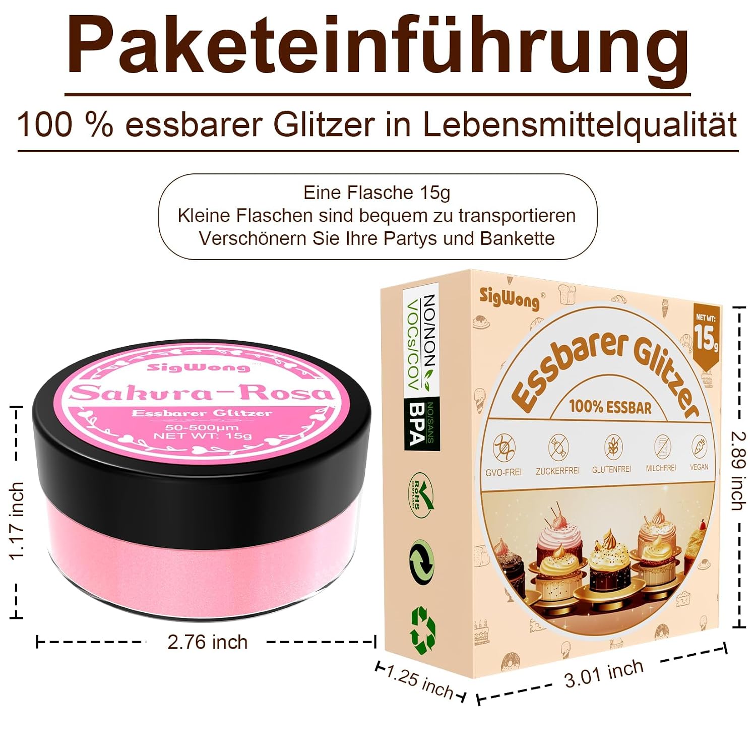 Detalle de SigWong Essbarer Glitzer – 15 g Sakura Rosa, Glitzerpulver fürs Getränk und Backen