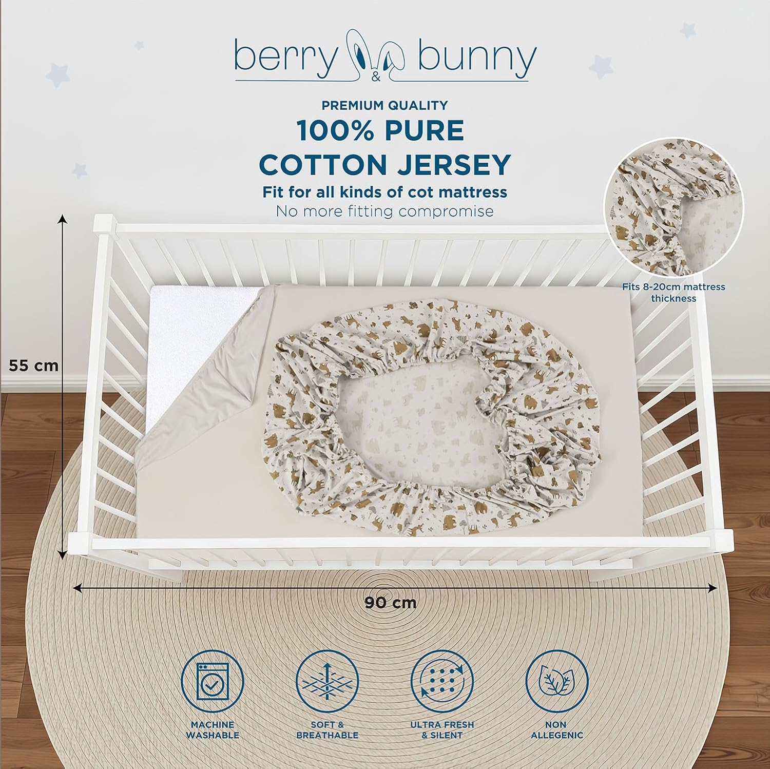 Thumbnail 5 de Berry and Bunny 100% Cotton Travel Cot Sheets (Pack of 2) – 65 x 95 cm, Deep Fit with Elasticated Corners