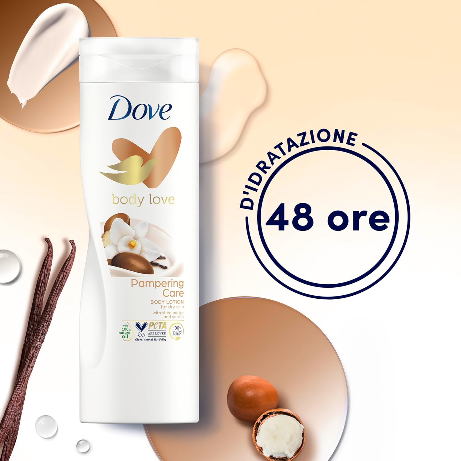 Detalle de Dove Body Love Lozione Corpo Idratante Pampering Care al Burro di Karité e Vaniglia, per Pelle Secca (48H), 3x 400 ml