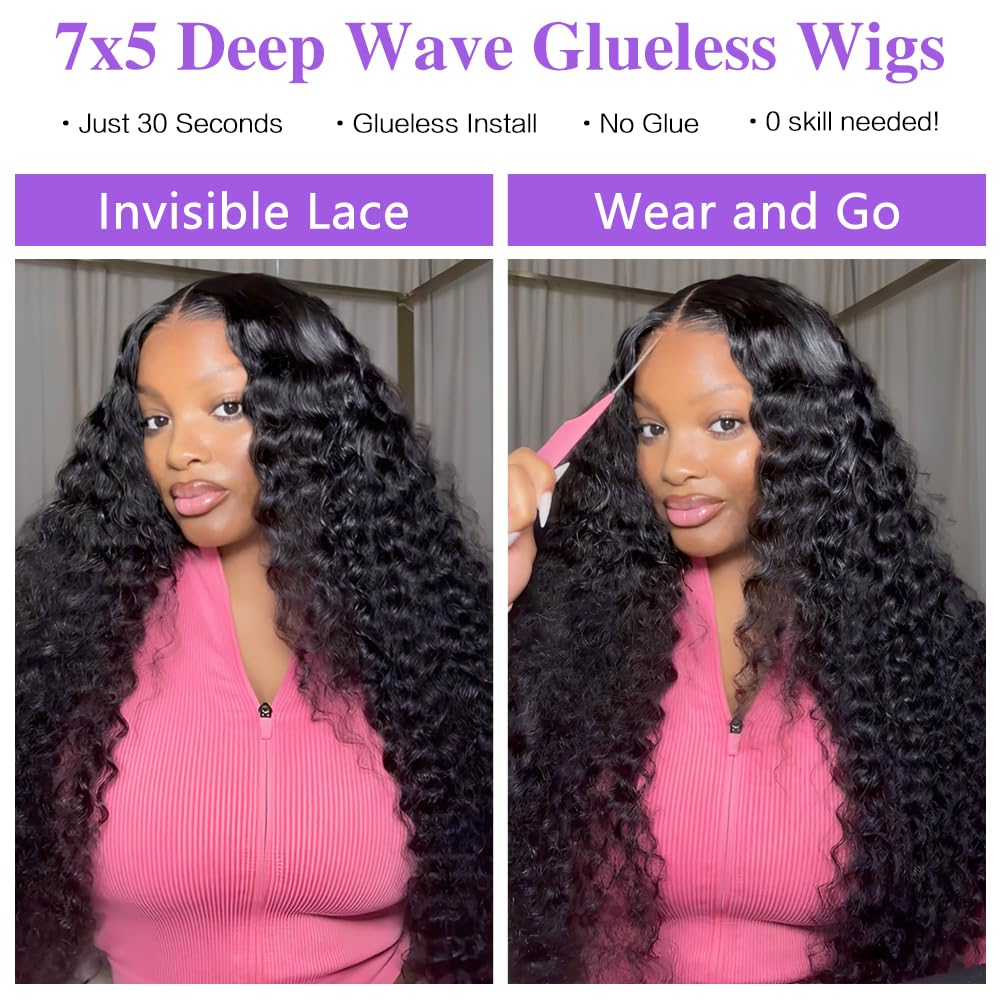 Detalle de QUANDIAN Wear and Go Glueless Wigs: 26" Deep Wave 7x5 HD Lace Front, 210% Density, 3D Dome Cap