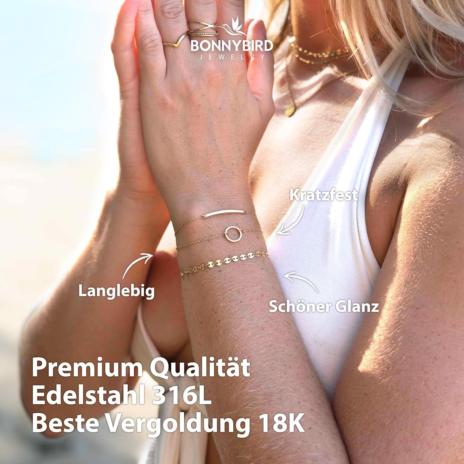 Detalle 2 de BONNYBIRD® BonnyMilano Set Armbänder aus Edelstahl (316L) in Silber, Gold & Roségold – 100% wasserfest, nickelfrei