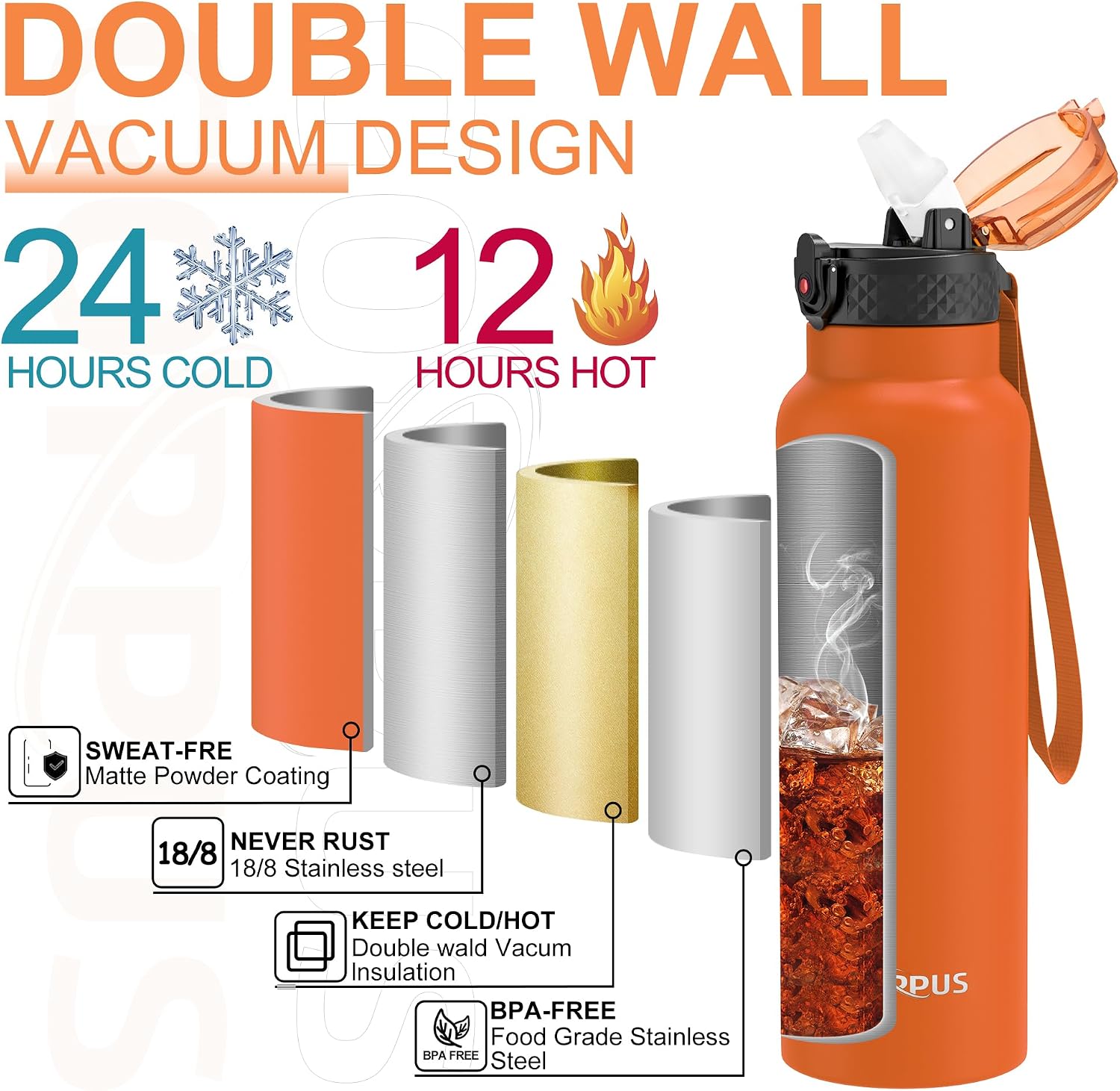 Thumbnail 4 de GOPPUS 750ml Stainless Water Bottle with Straw – Double Wall Vacuum Insulated, Leakproof