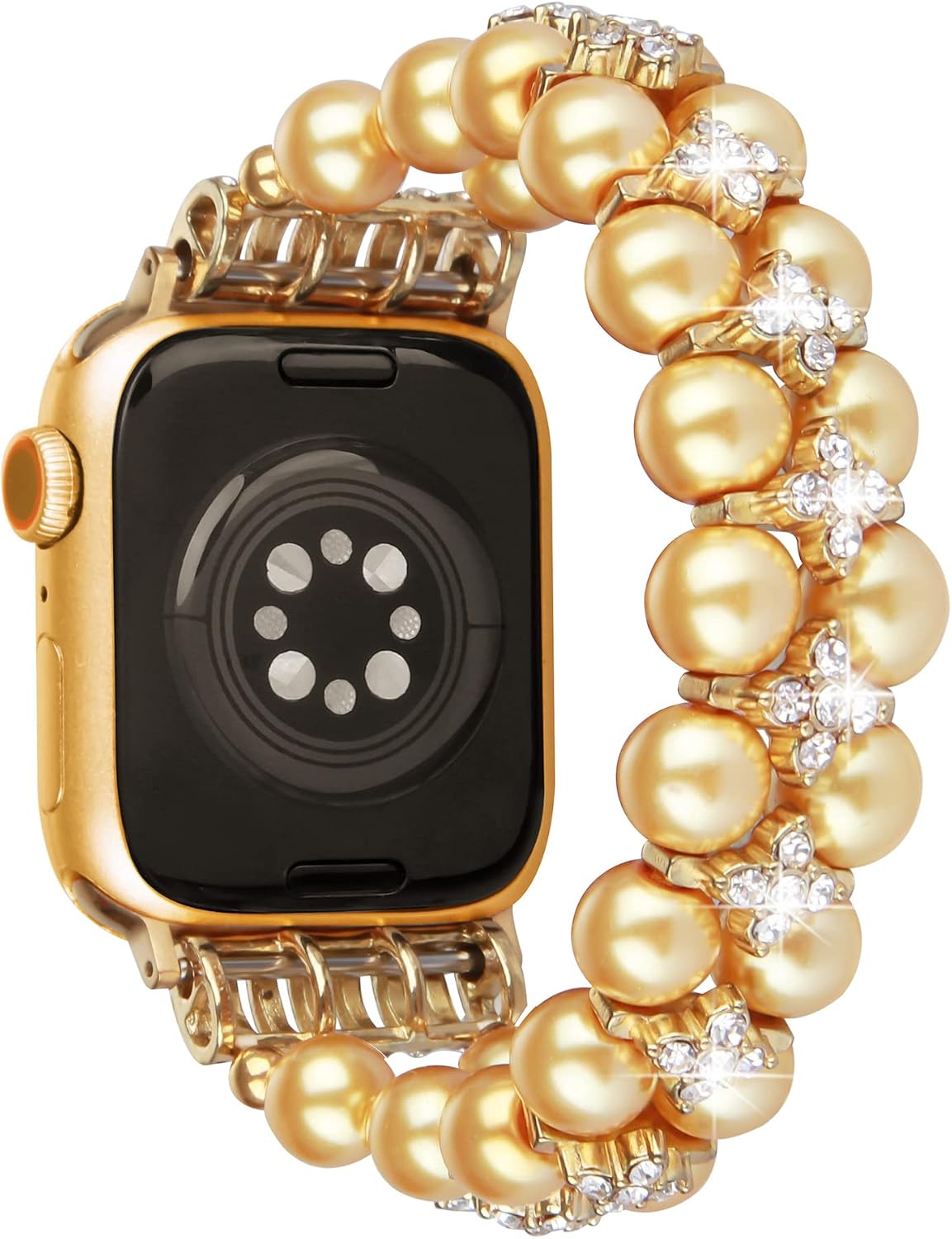 Detalle de GEMEK Pearl Bracelet for Apple Watch – Bling Diamond & Pearl Stretch Band (Shiny Gold)