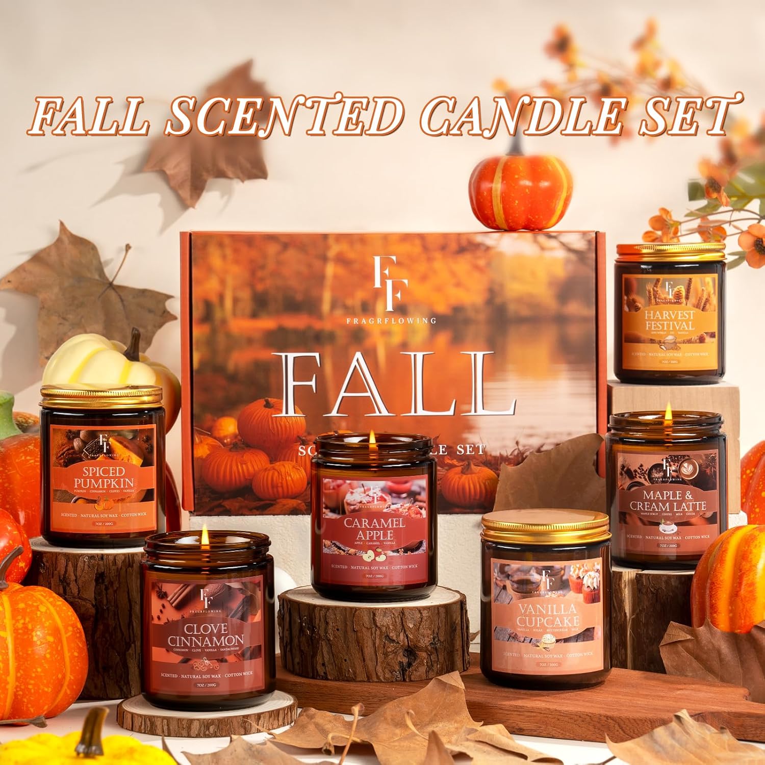 Thumbnail 6 de FF FRAGRFLOWING 006-9 Fall Soy Wax Candle Set, 6 Autumn Scents in Glass Jars