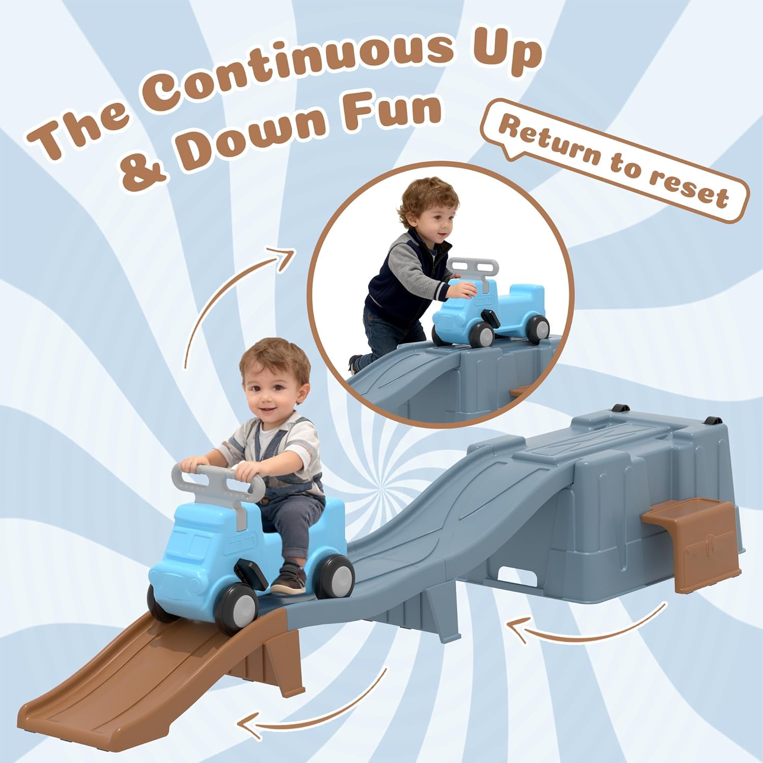 Detalle 2 de HAPPYMATY Up & Down Roller Coaster: Kids Ride-On Toy with Assembled Track and Storage Box