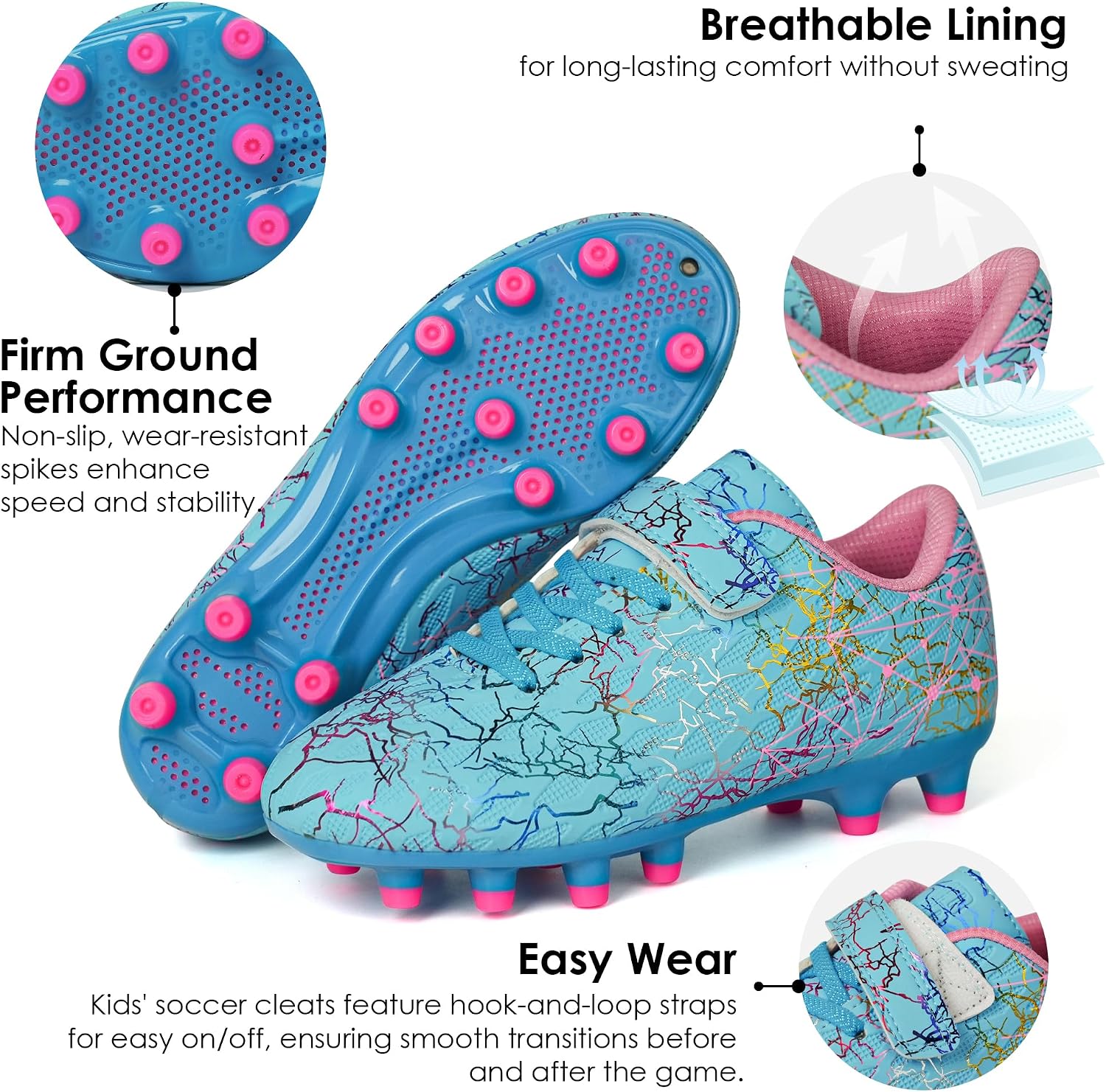 Detalle de brooman Kids Firm Ground Soccer Cleats with Hook-and-Loop Closure and Soccer Socks