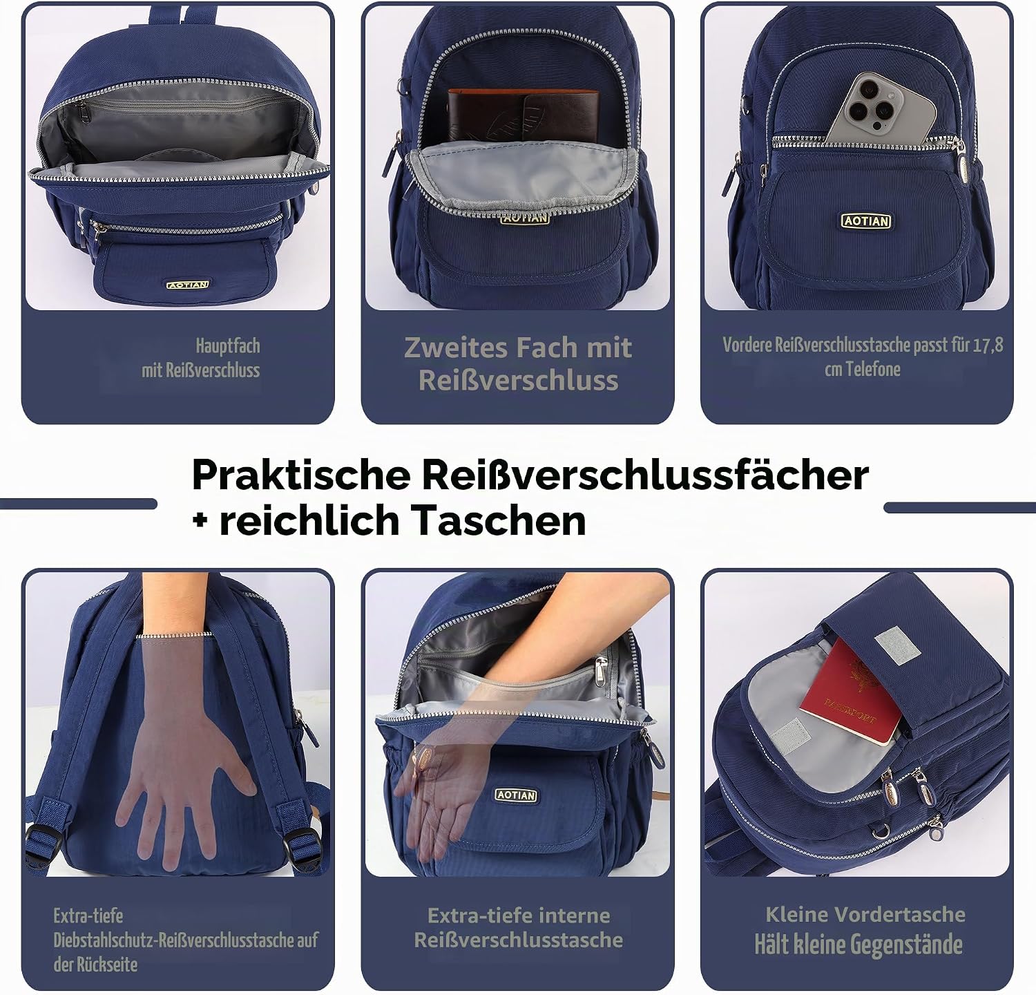 Detalle 2 de AOTIAN Mini-Rucksack für Mädchen & Damen (7 Liter) – leichter Daypack mit mehreren Fächern