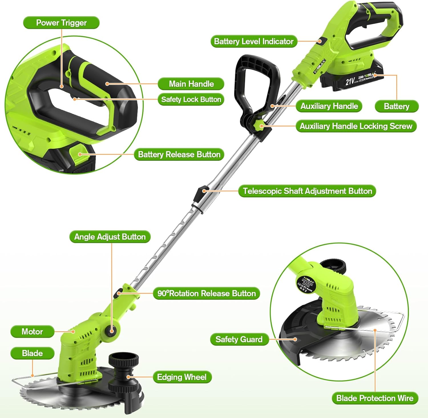 Thumbnail 4 de VOERJIA Cordless Strimmer Lightweight 750W with LCD Battery Display – 2 x 2.0Ah Battery Pack & 14-Piece Garden Kit