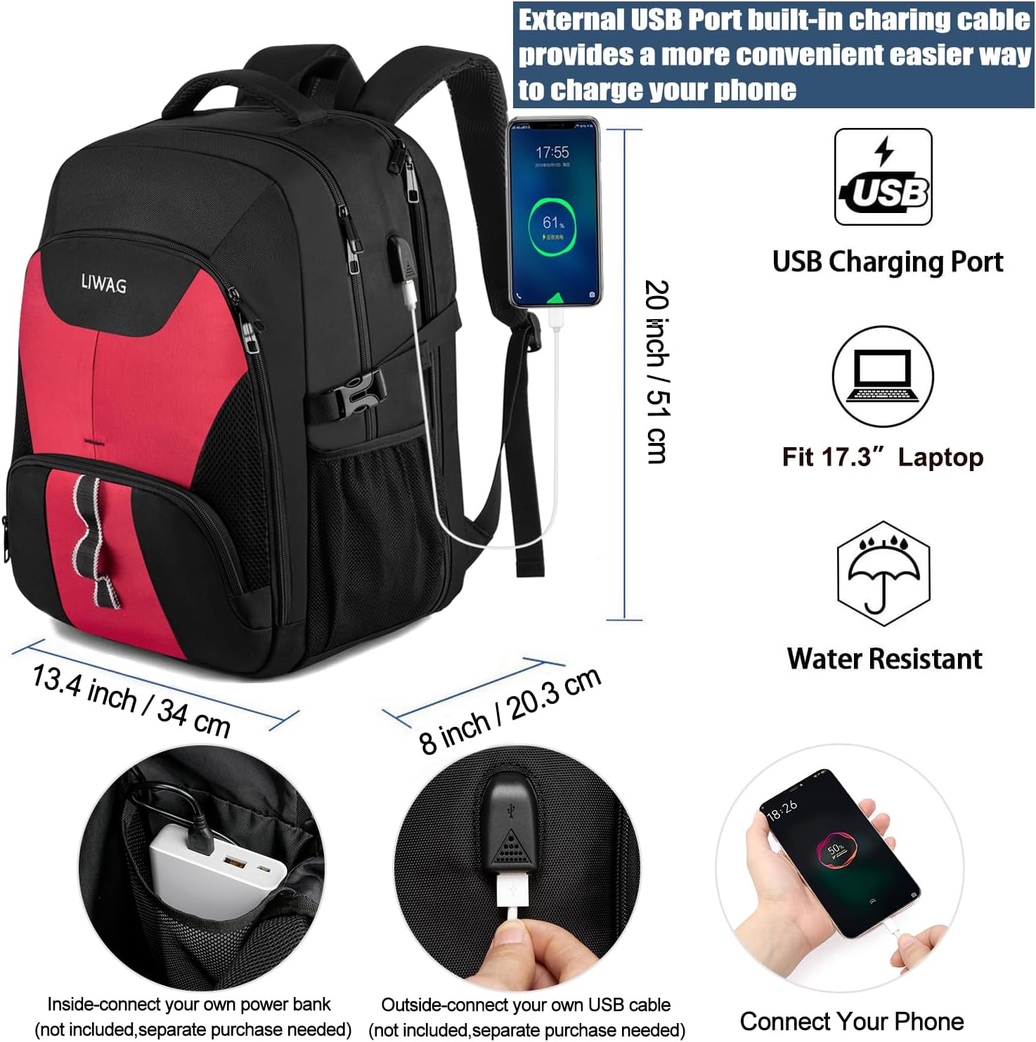 Thumbnail 1 de Extra Large 50L Travel Laptop Backpack with USB Charging Port & Anti-Theft Pocket (Fits up to 17 Inch) - Red
