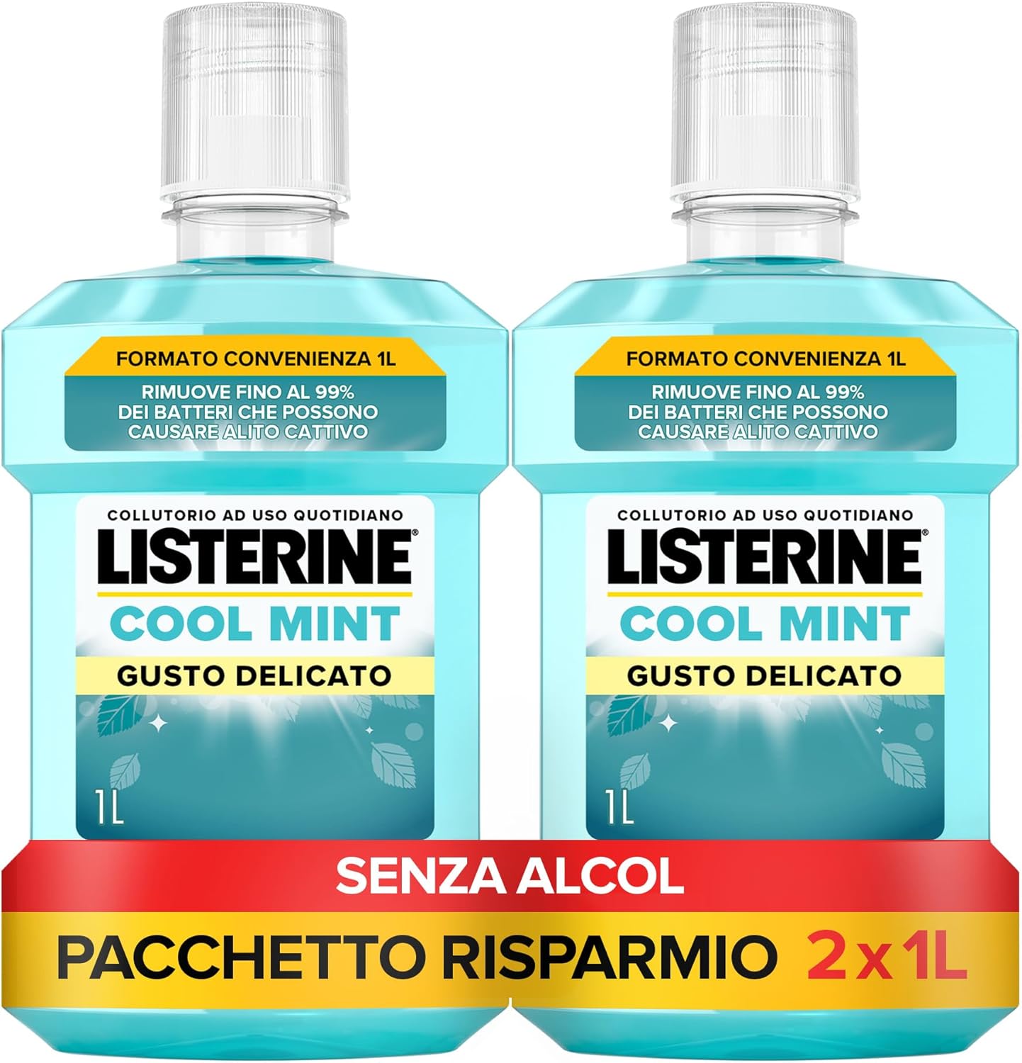 Detalle de Listerine Cool Mint Collutorio 0% Alcool, 2x1L: igiene orale completa con oli essenziali