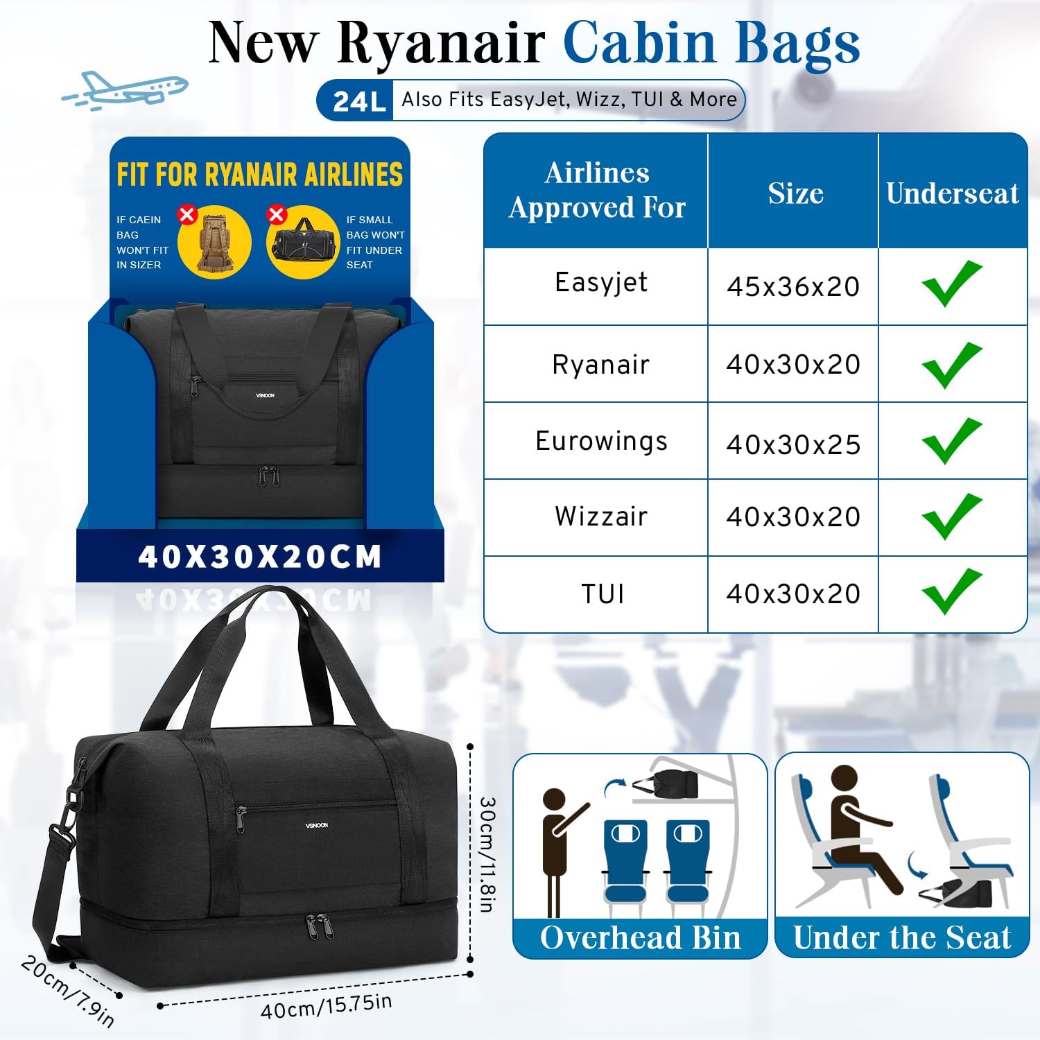 Detalle 2 de VSNOON Foldable Cabin Bag 40x30x20 (24L) with Shoes Compartment