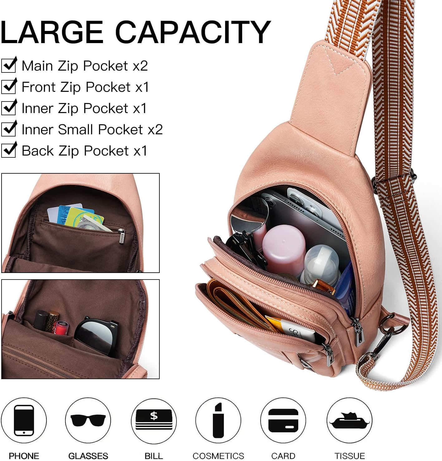 Thumbnail 2 de LATMAP 7L Women’s Sling Bag (Crossbody/Chest Bag) – PU Leather, Waterproof & Anti-Theft Zip Pockets