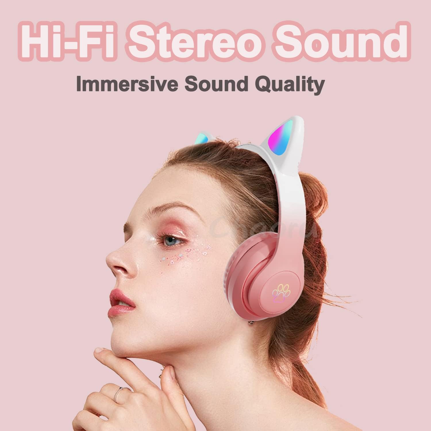 Detalle de TOKANI Kids Headphones Bluetooth with Cat Ear LEDs (Pink Pro)
