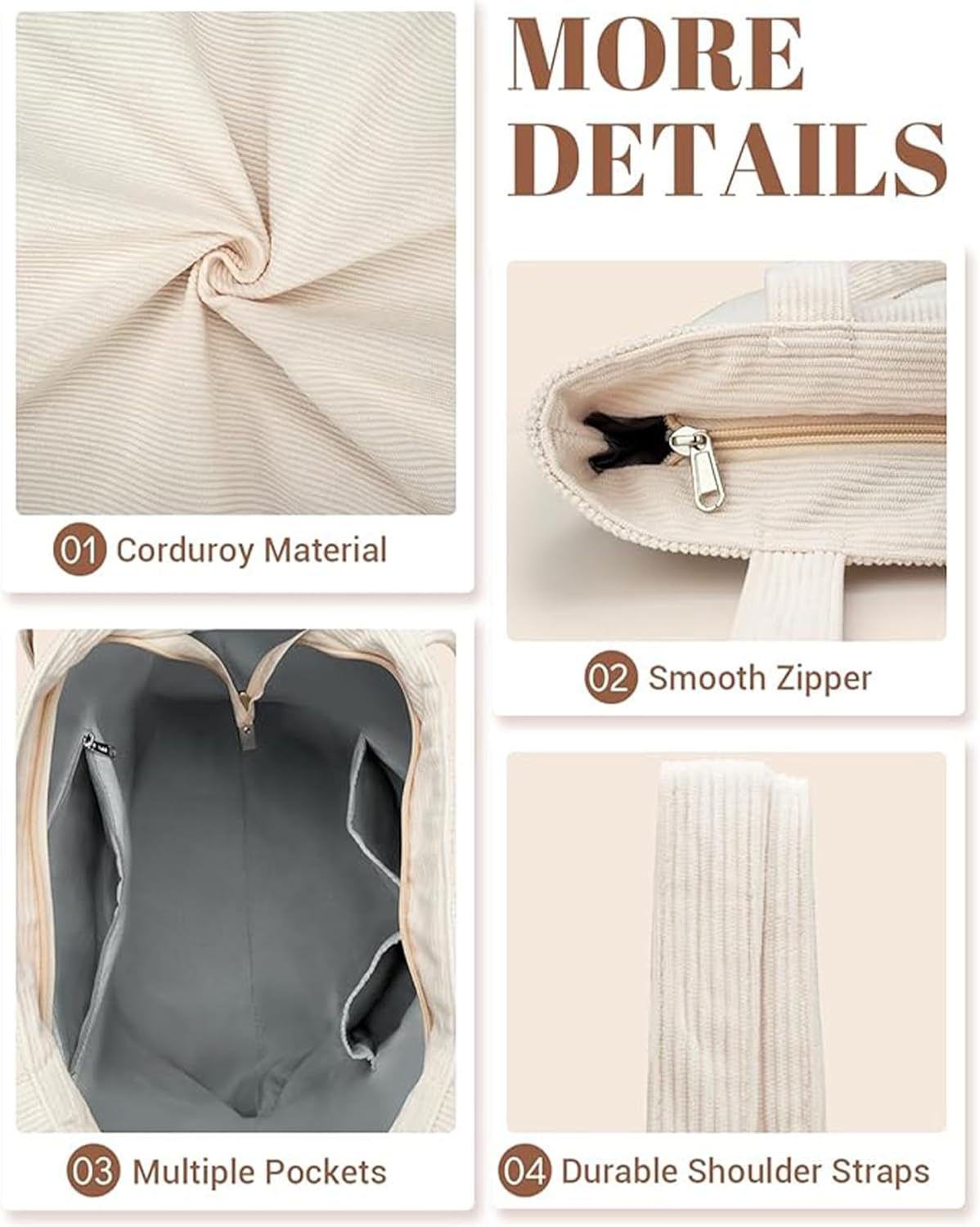 Detalle de LOTEZAVA Cordtasche Damen – Große Strandtasche mit Reißverschluss und Mehrfachtaschen