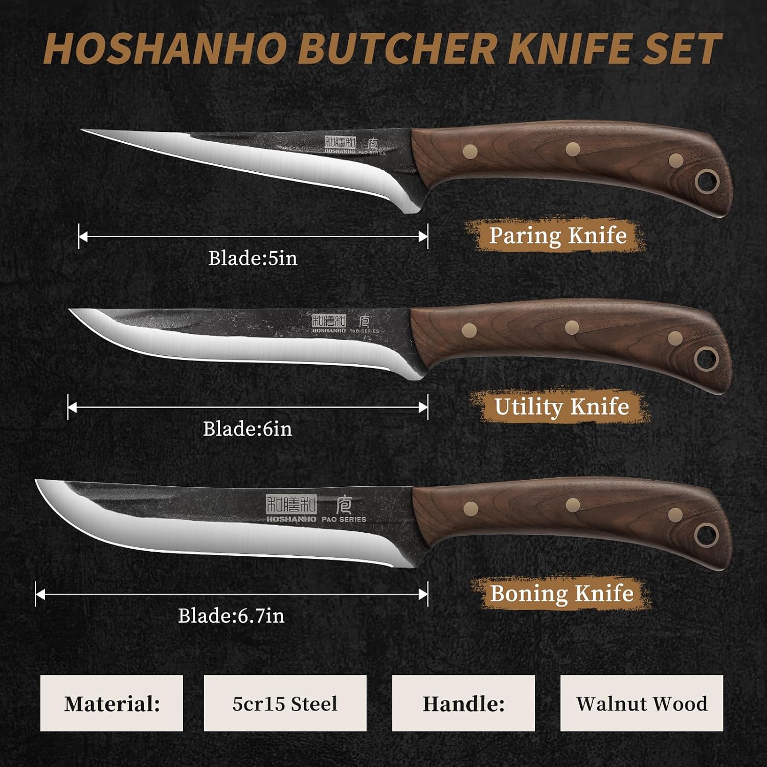 Detalle de HOSHANHO 3 Pieces Butcher Knife Set with High-Carbon Stainless Steel Blades