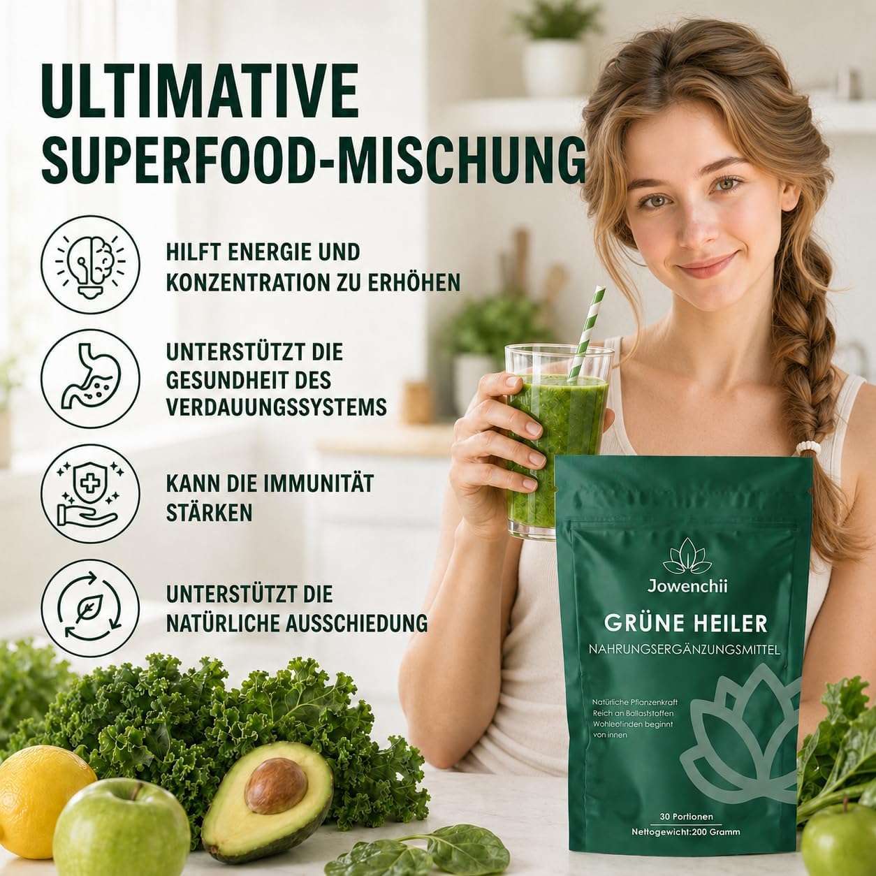 Detalle de Grüne Entgiftungspulver, 200g – Superfood Helfer mit Matcha, Gerstengras und Heidelbeeren