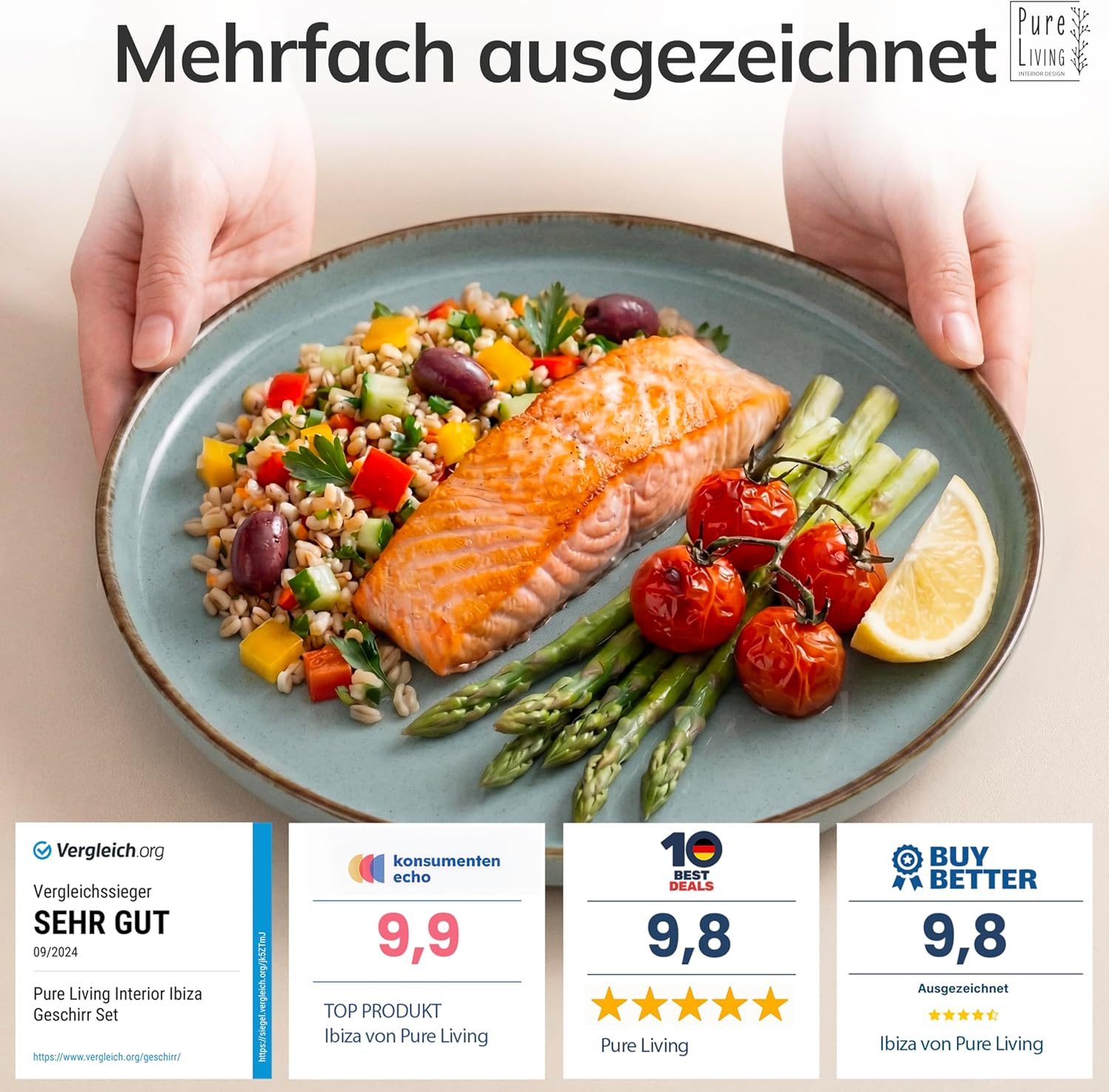 Detalle de Steingut Geschirrset 24-tlg. Rustic für 6 Personen in Rauchblau – TESTSIEGER, Spülmaschinengeeignet