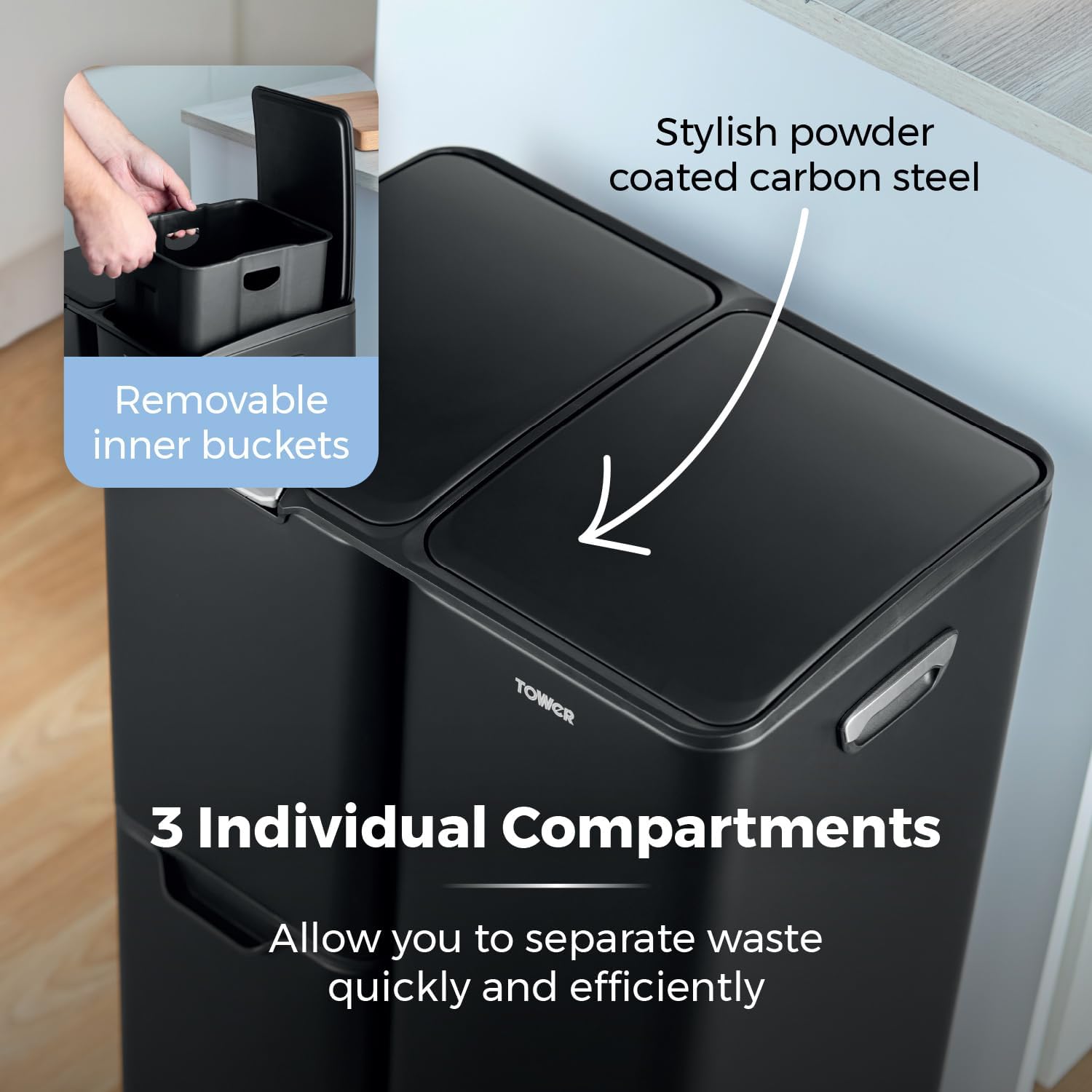 Detalle de Tower 60L Three-Compartment Pedal Recycling Bin (Carbon Steel, Removable Buckets) – Black