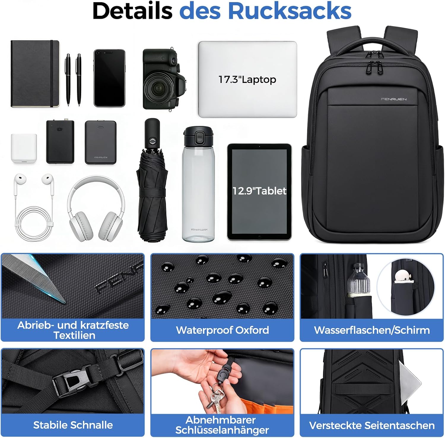 Detalle de Fenree.geer Rucksack Herren 17,3 Zoll – erweiterbarer Handgepäck-Laptoprucksack mit USB-Anschluss und Diebstahlschutz