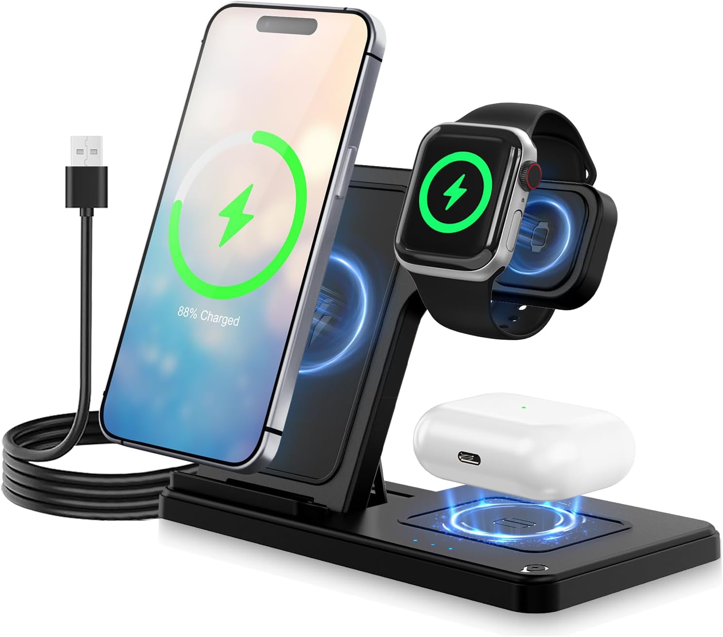 Detalle de 3 in 1 Wireless Charging Station for iPhone, AirPods Pro 4/3/2 and Apple Watch – Foldable Travel Dock (Black)