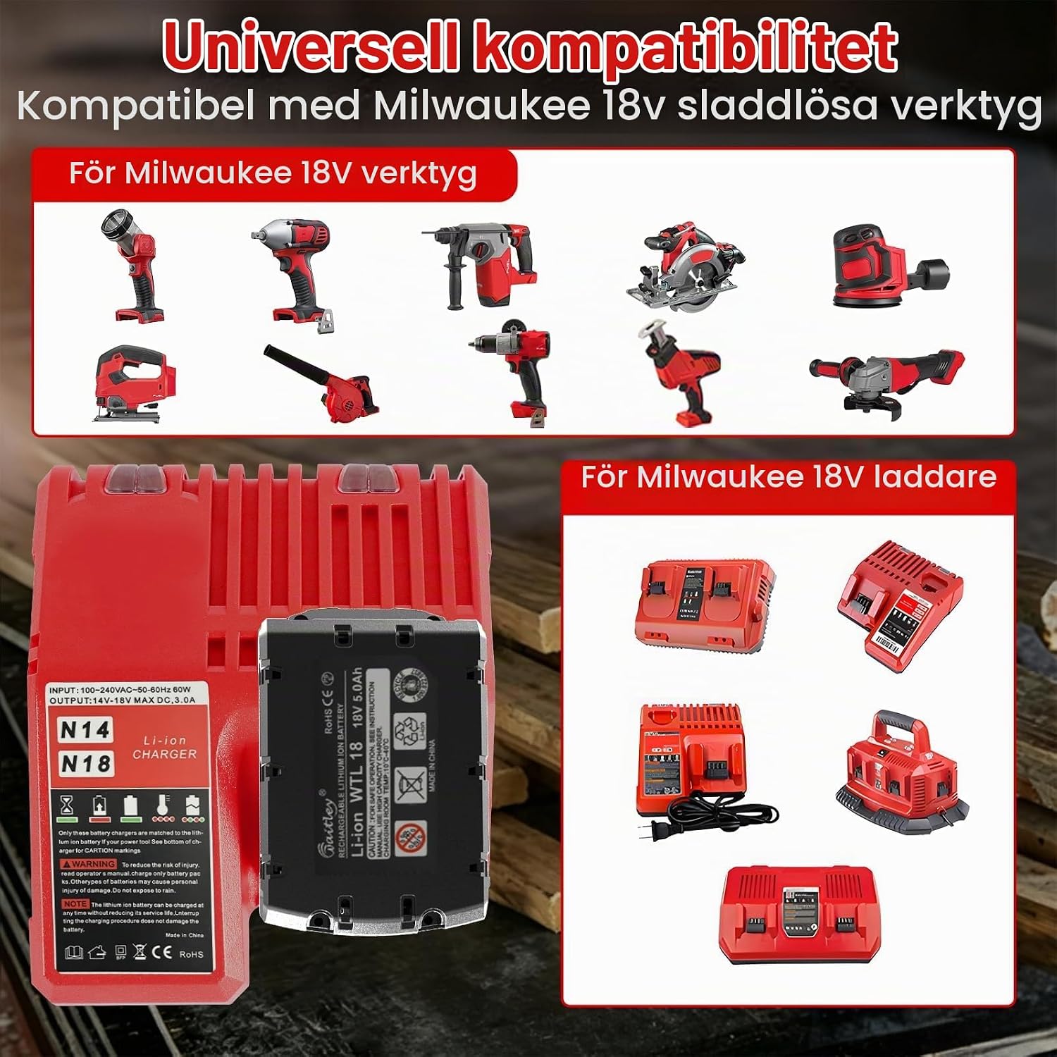 Detalle de Powarobor M18B5 batteriset med laddare, 2 × 5,0 Ah och 18 V