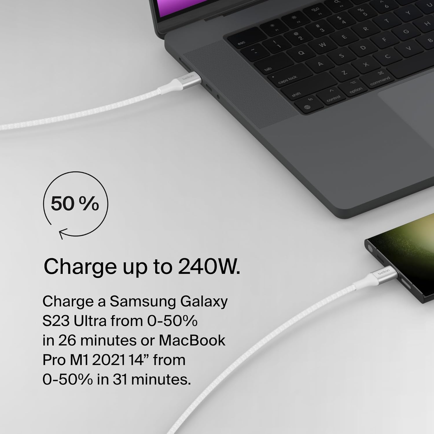 Detalle de Belkin USB-C to USB-C Cable, 3.3ft (1m), 240W, Fast Charging – White