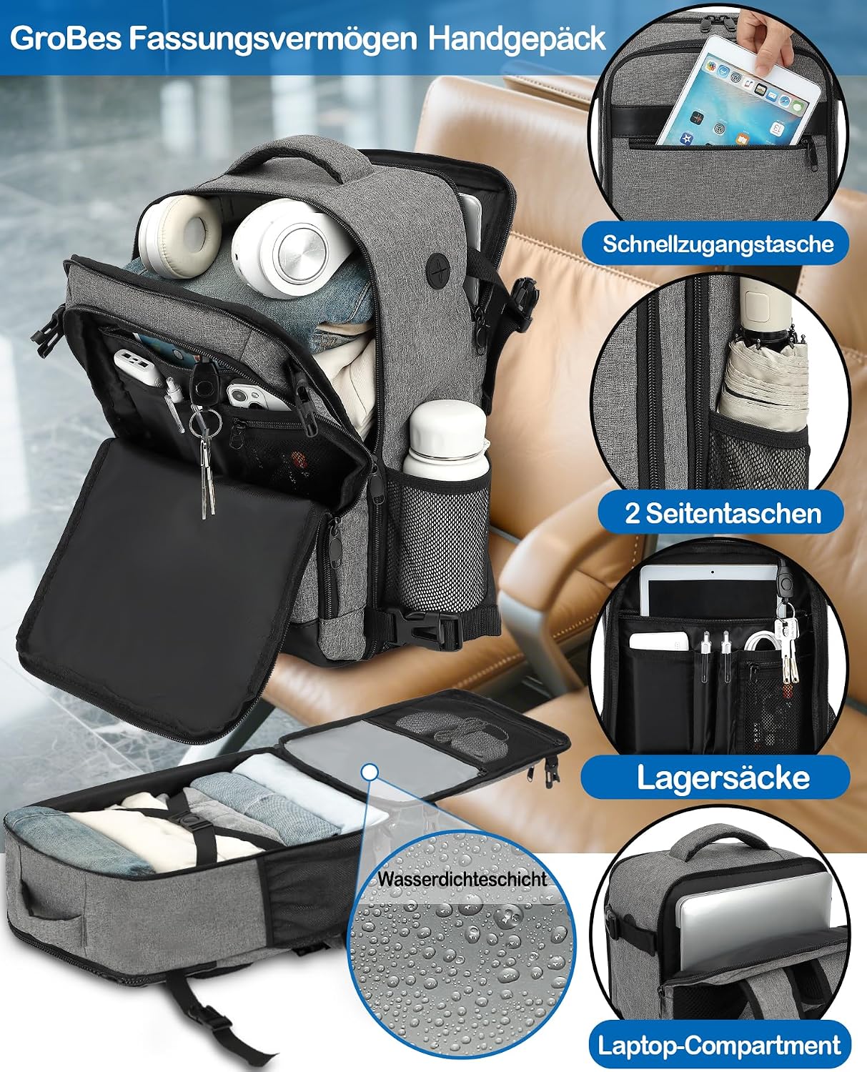 Thumbnail 3 de KLOSTAIN Handgepäck Rucksack 40x20x25 cm – 20L, 14-Zoll Laptopfach, Grau – kompatibel mit Ryanair/Eurowings
