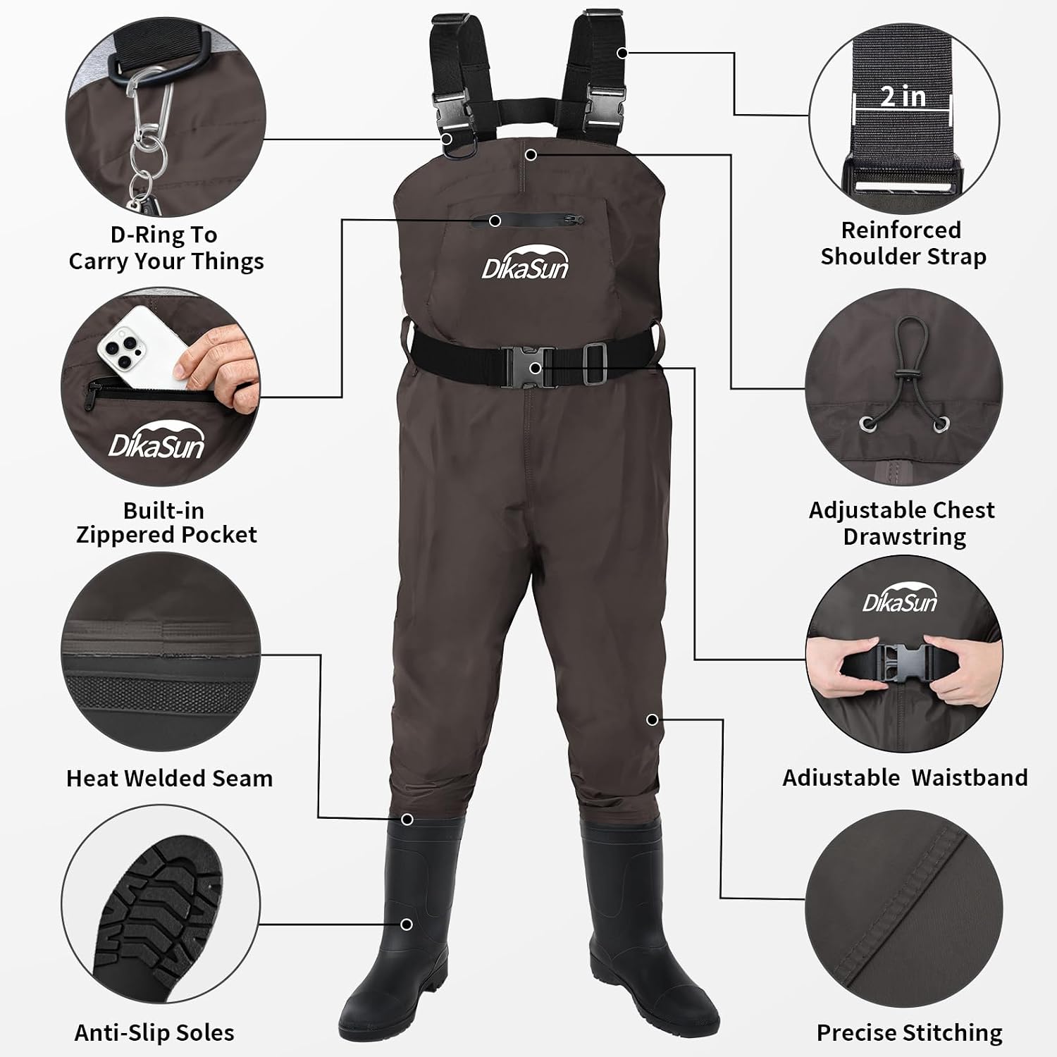 Thumbnail 1 de DikaSun Fishing Chest Waders, Waterproof 2-Ply Nylon/PVC Bootfoot, Brown, M9/W11