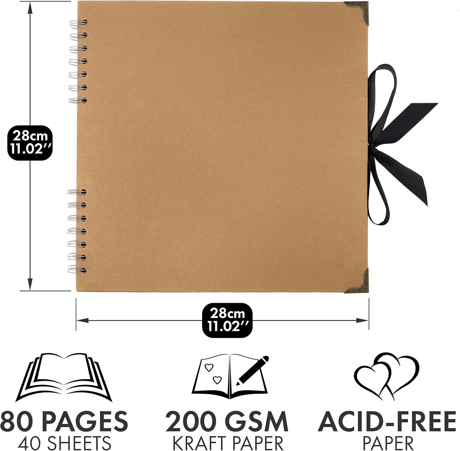 Detalle 2 de Bstorify Large Scrapbook (28 x 28 cm) – 40 Sheets Kraft Paper Memory Book with Ribbon Closure