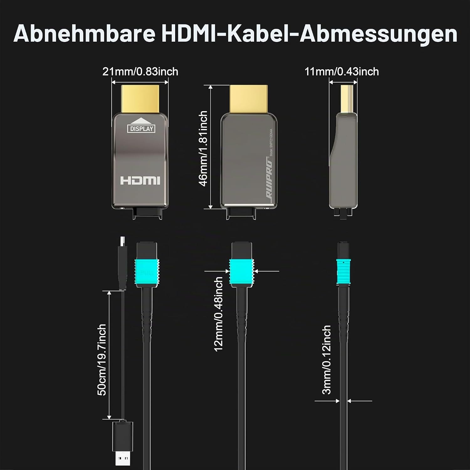 Detalle de RUIPRO HDMI 2.1 Glasfaser-Kabel 8K Ultra High Speed (48 Gbit/s) mit abnehmbarem Stecker, 20 m