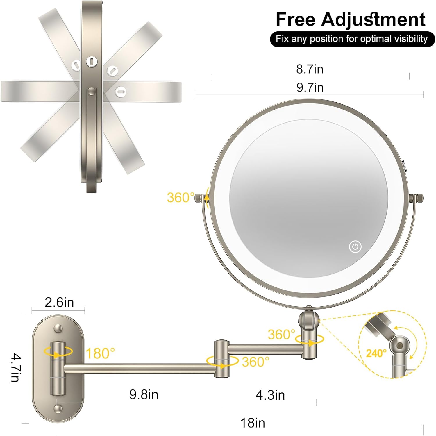 Thumbnail 5 de 9" Wall Mounted Makeup Mirror with 4000mAh