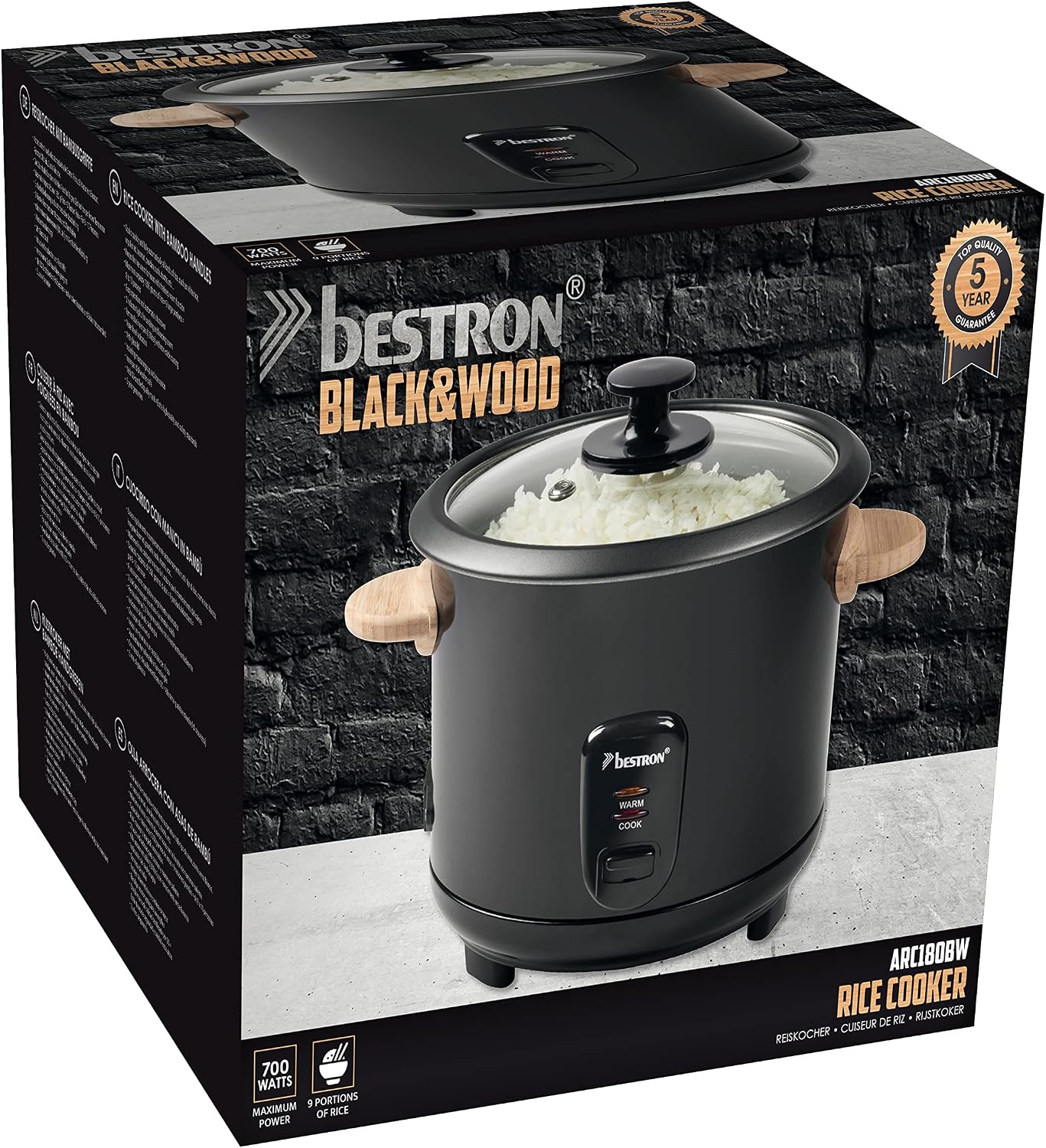 Detalle 1 de Bestron cuiseur à riz noir 1,8 l (700 W) avec poignées en bois, tasse et cuillère à riz