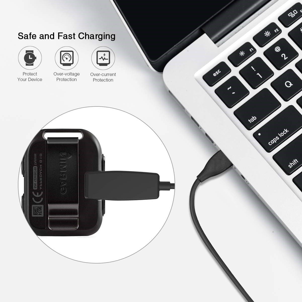 Detalle de INF Ladekabel kompatibel mit Garmin Forerunner 235, 735XT, 630, 645, 230, Vivomove HR und Approach S20 – Ladegerät mit Cliphalter, Überspannungs- und Überstromschutz