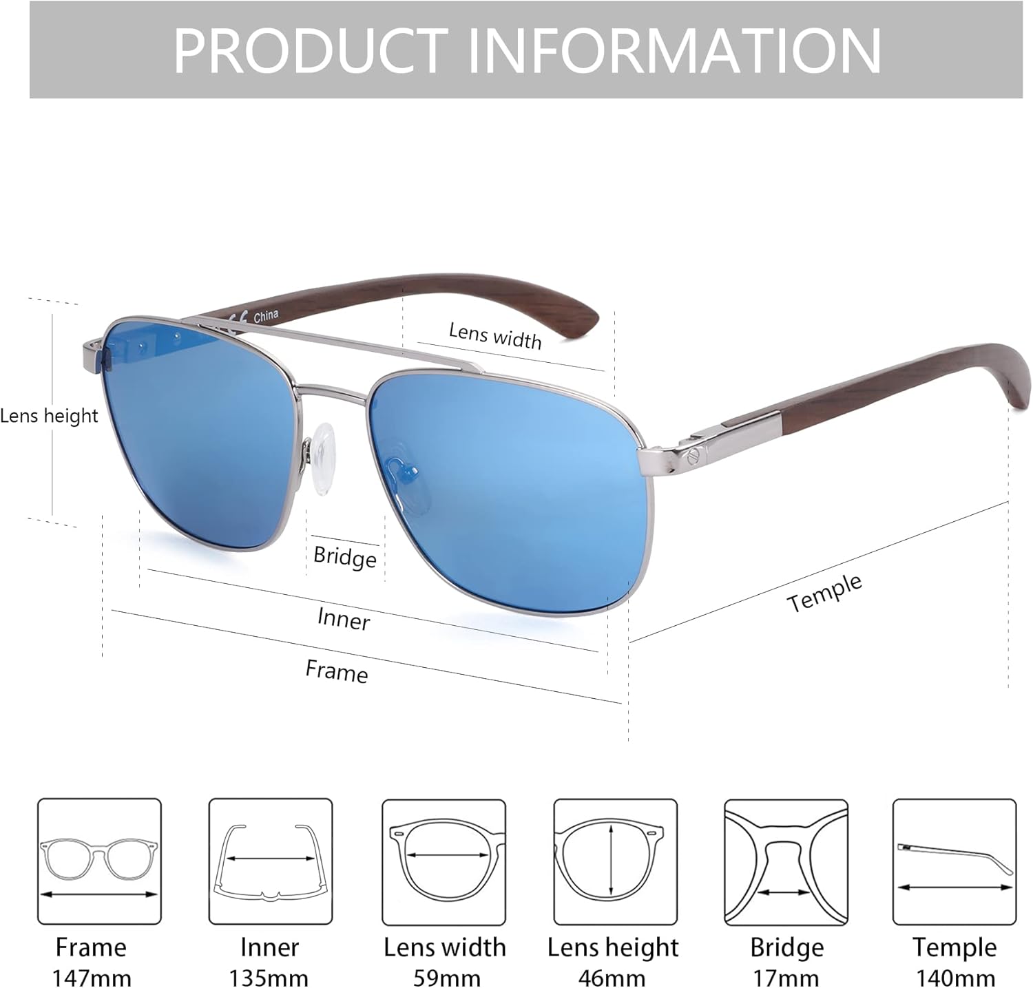 Detalle de ZENOTTIC Lunettes de soleil polarisantes pilote homme – monture carrée en bois et métal