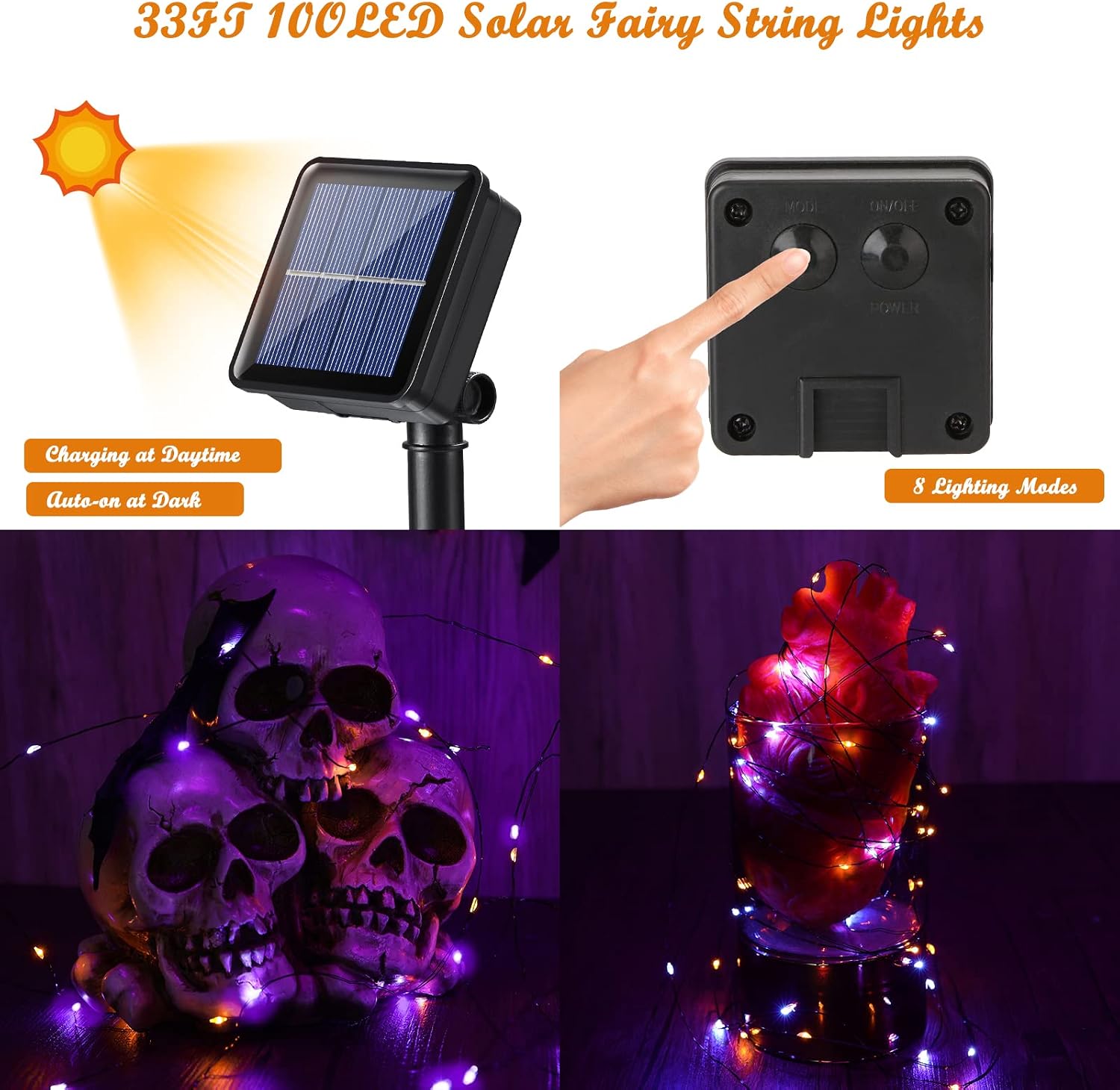 Detalle de Lomotech Orange & Purple Solar String Lights, 2-Pack, 200 LEDs, 8 Modes