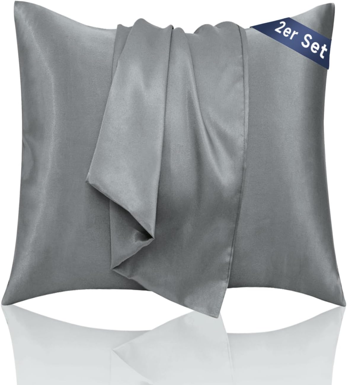 Detalle de Taie d’oreiller satin 65x65cm – Gris foncé, 2 pièces, soin peau et cheveux