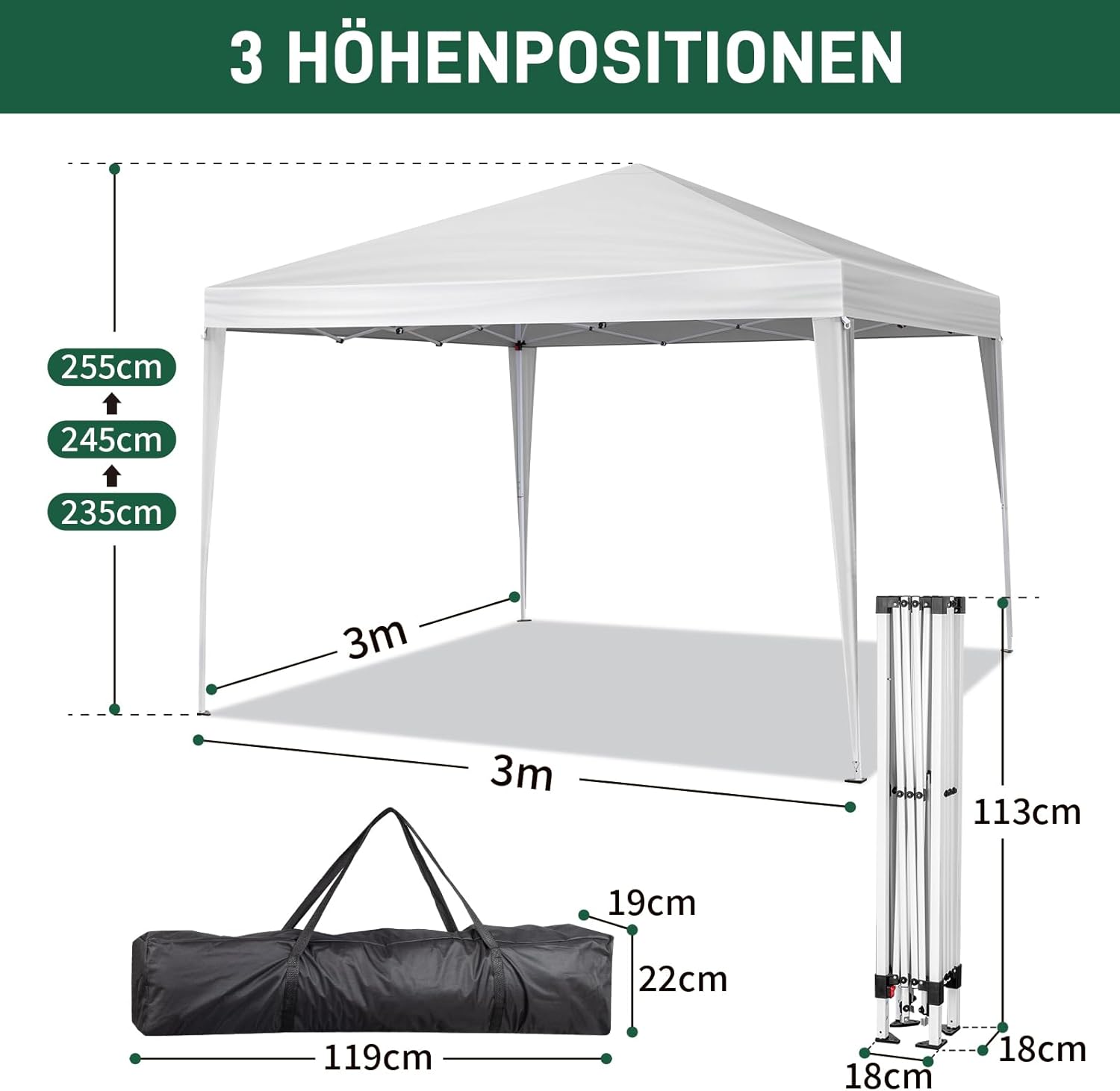 Thumbnail 4 de LEADZM Tonnelle de jardin pliable 3x3 m pop-up réglable en hauteur, imperméable et UV 50+ avec 4 côtés