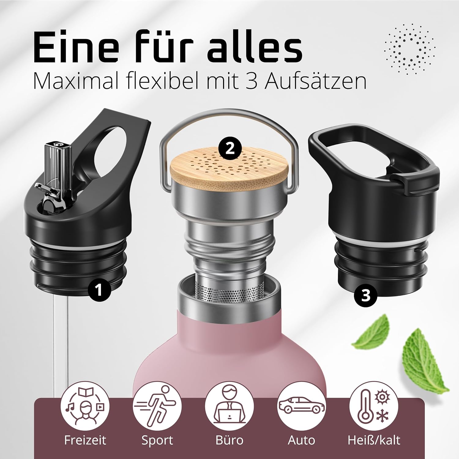 Thumbnail 1 de Edelstahl-Trinkflasche mit Strohhalm & Infuser plus 3 Deckeln – BPA-frei, auslaufsicher, kohlensäuregeeignet