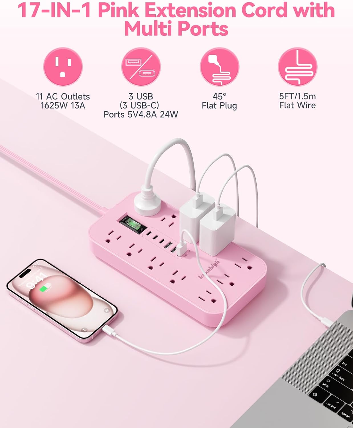 Detalle de kakahigh 808 Pink Power Strip, 11 AC Outlets, 6 USB Ports, 5 ft Cord