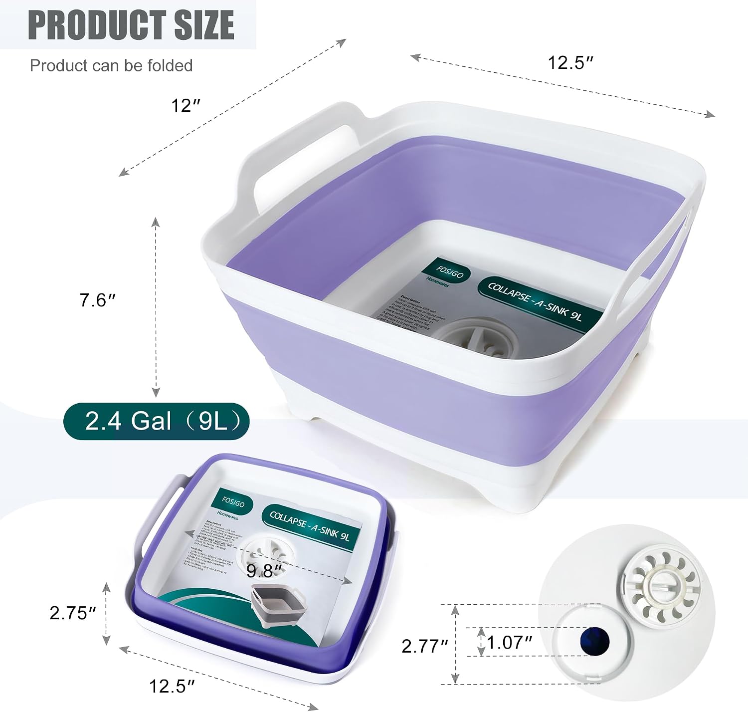 Thumbnail 1 de FOSJGO Collapsible Dish Basin, 2.4-Gallon