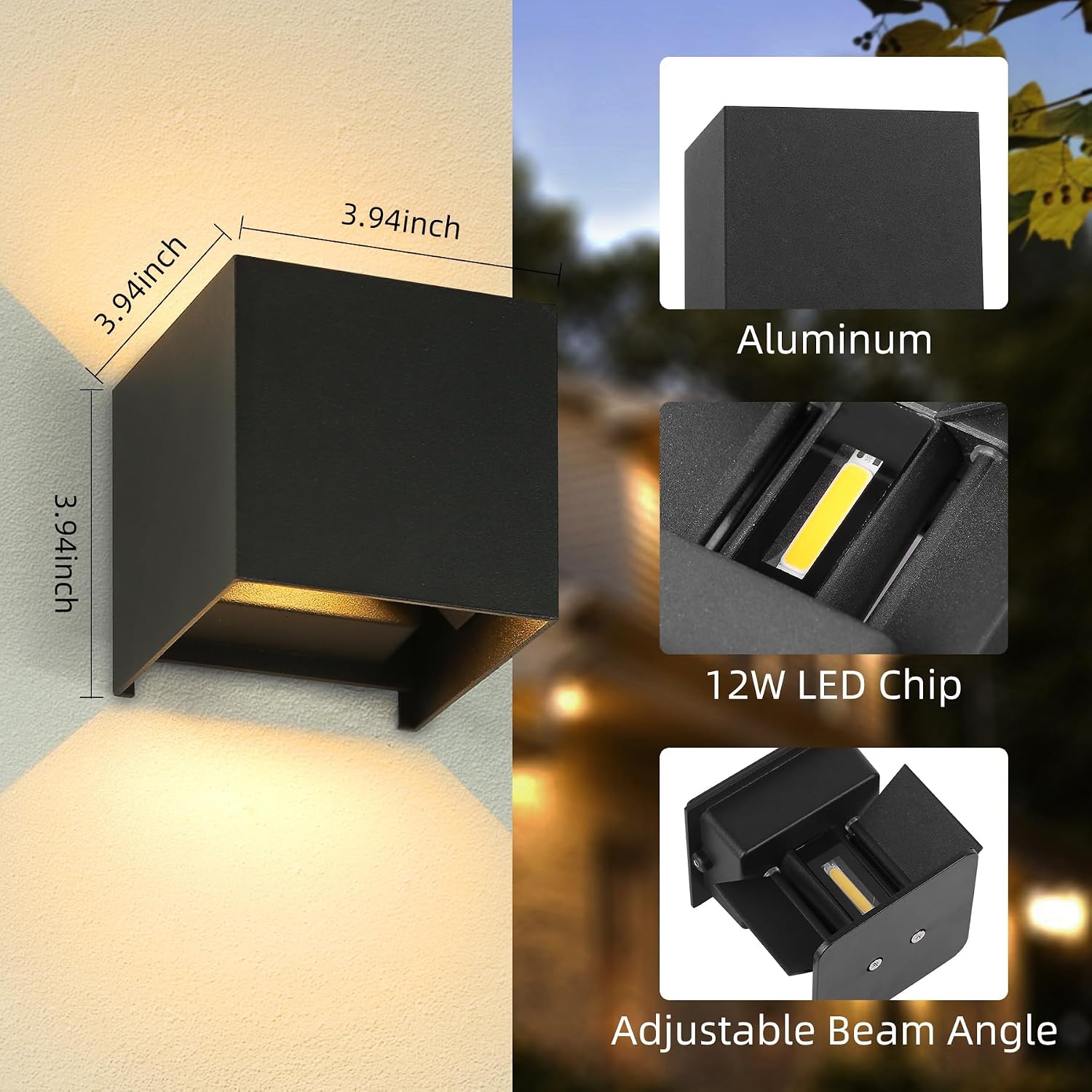 Detalle de CHENBEN Outdoor Wall Lights 12W IP65 Adjustable Beam LED Wall Lamp (4 Pack) – 3000K Warm White