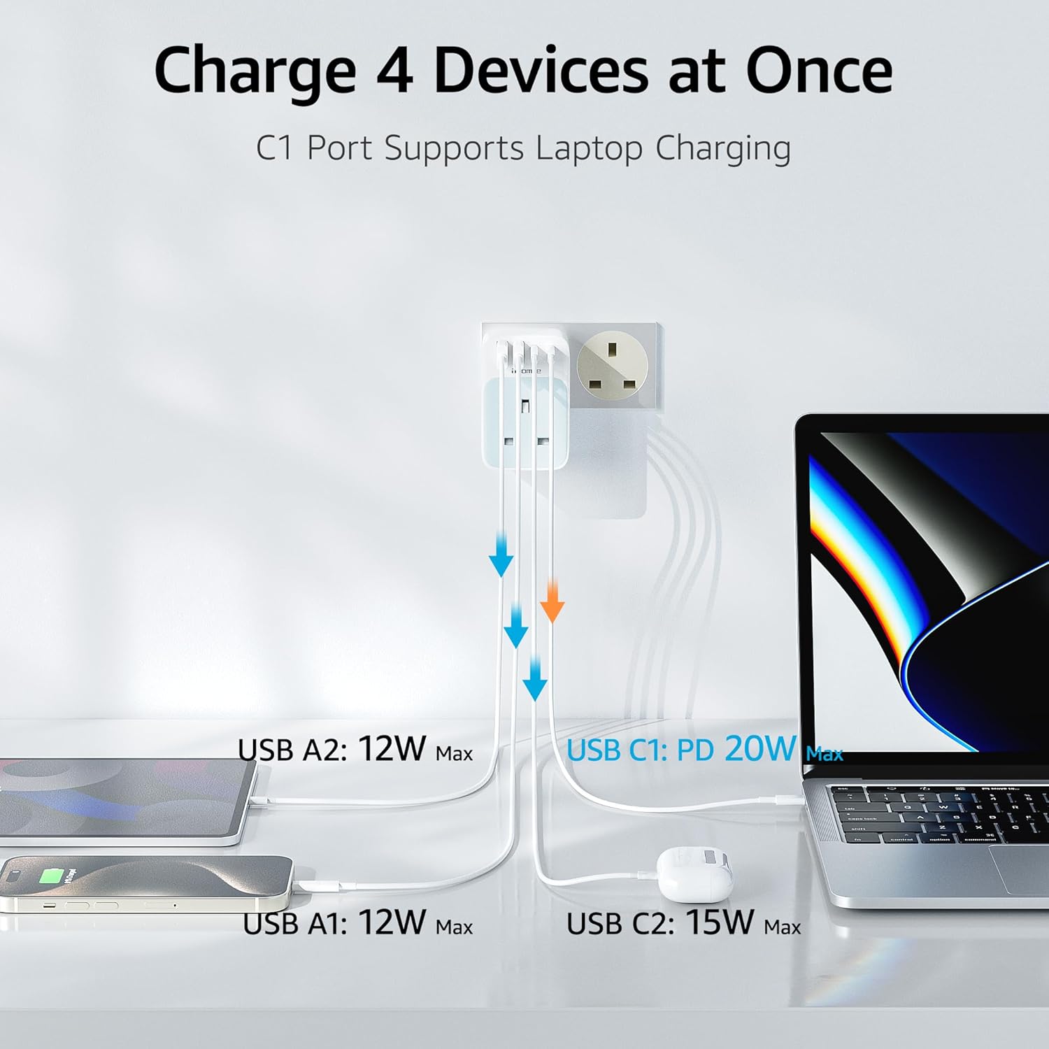 Thumbnail 4 de UK to US Plug Adapter with PD 35W USB-C Fast Charge (Type B) + 2 USB-A and 2 USB-C ports