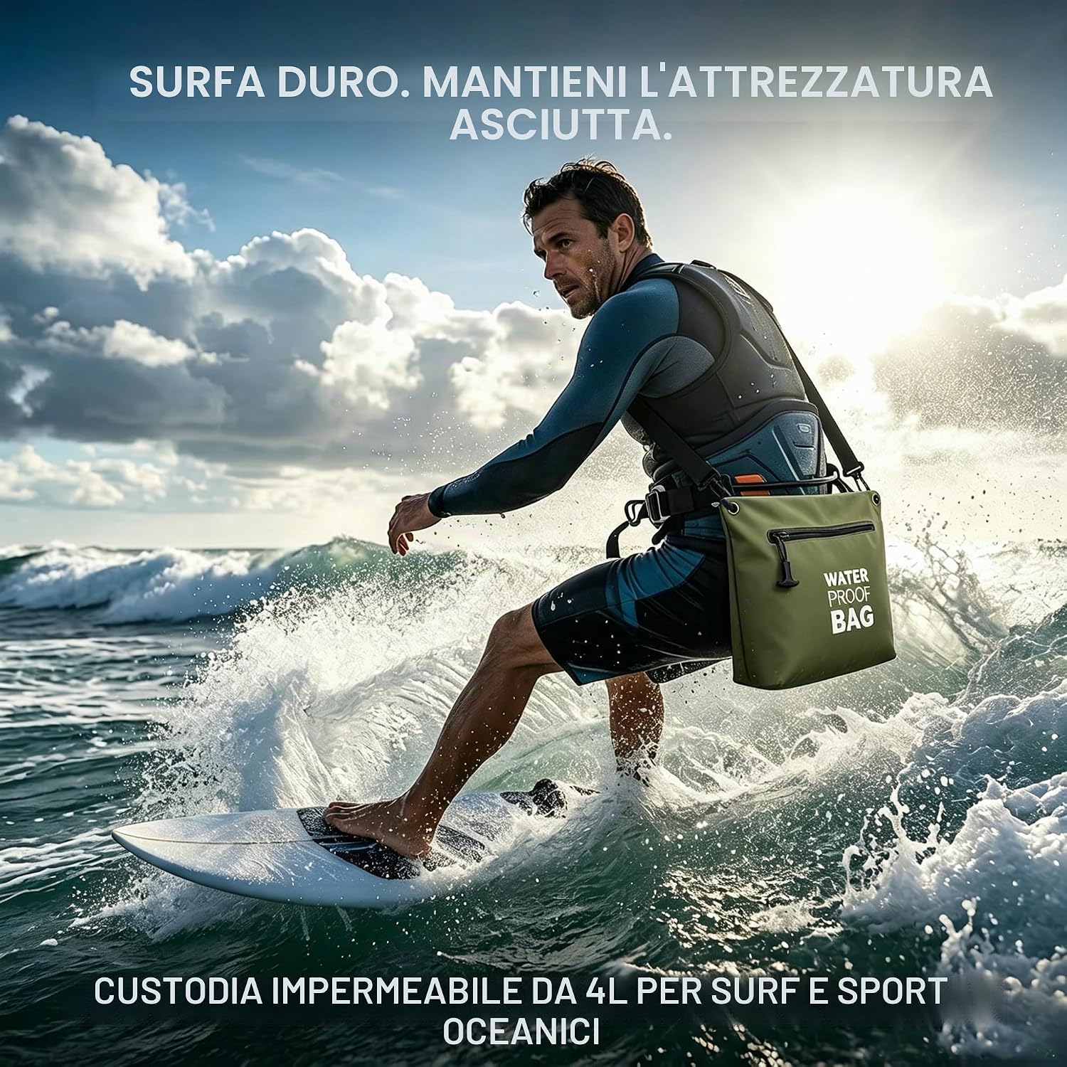 Detalle de BLUEVER Borsa Impermeabile a Tracolla con Cerniera Ermética da 4L – Verde militare