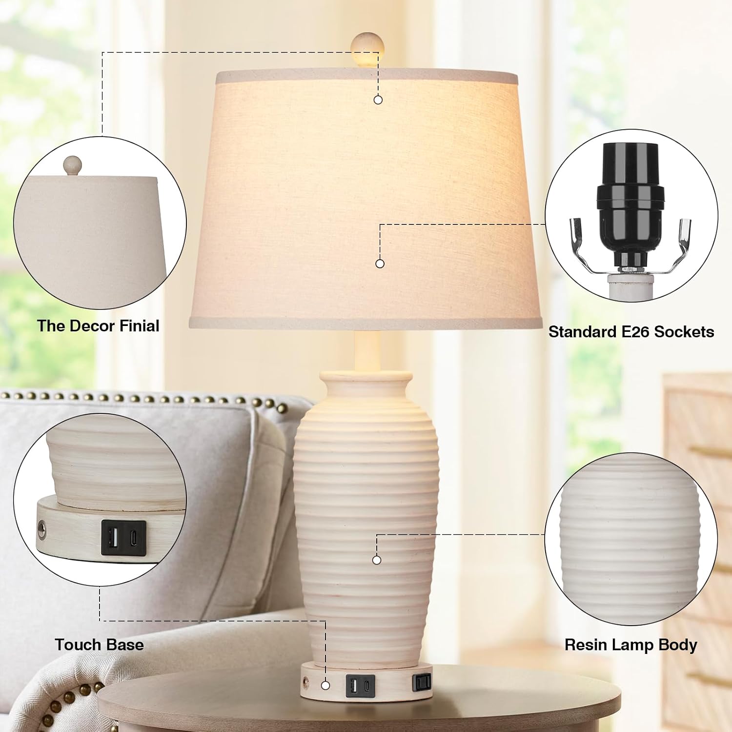 Thumbnail 5 de CINSARY TD-CS-225-1 25" Farmhouse Jar Table Lamps, Set of 2 with Touch Control