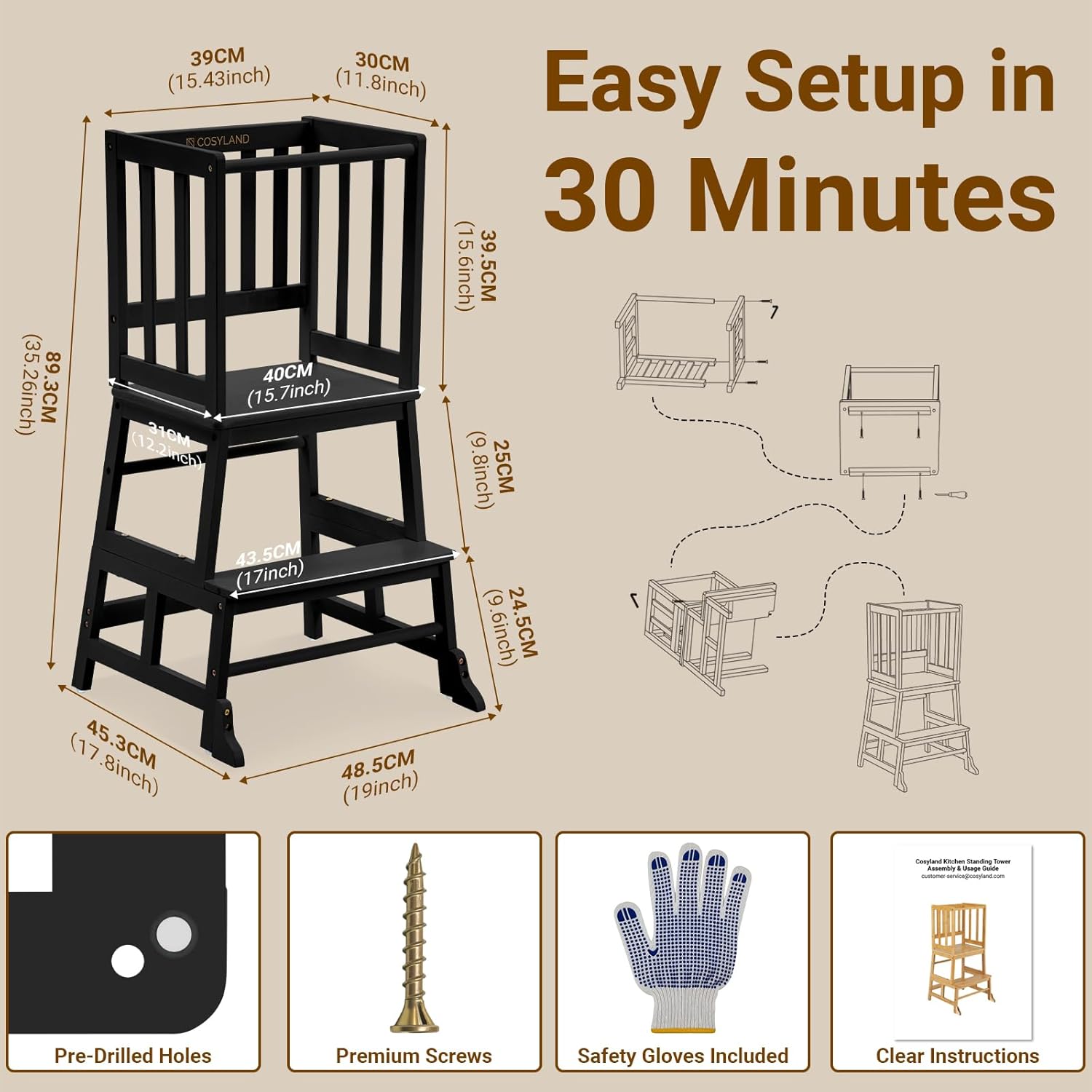 Detalle de COSYLAND Toddler Kitchen Step Stool Tower – Bamboo Learning Stool for Kitchen Counter